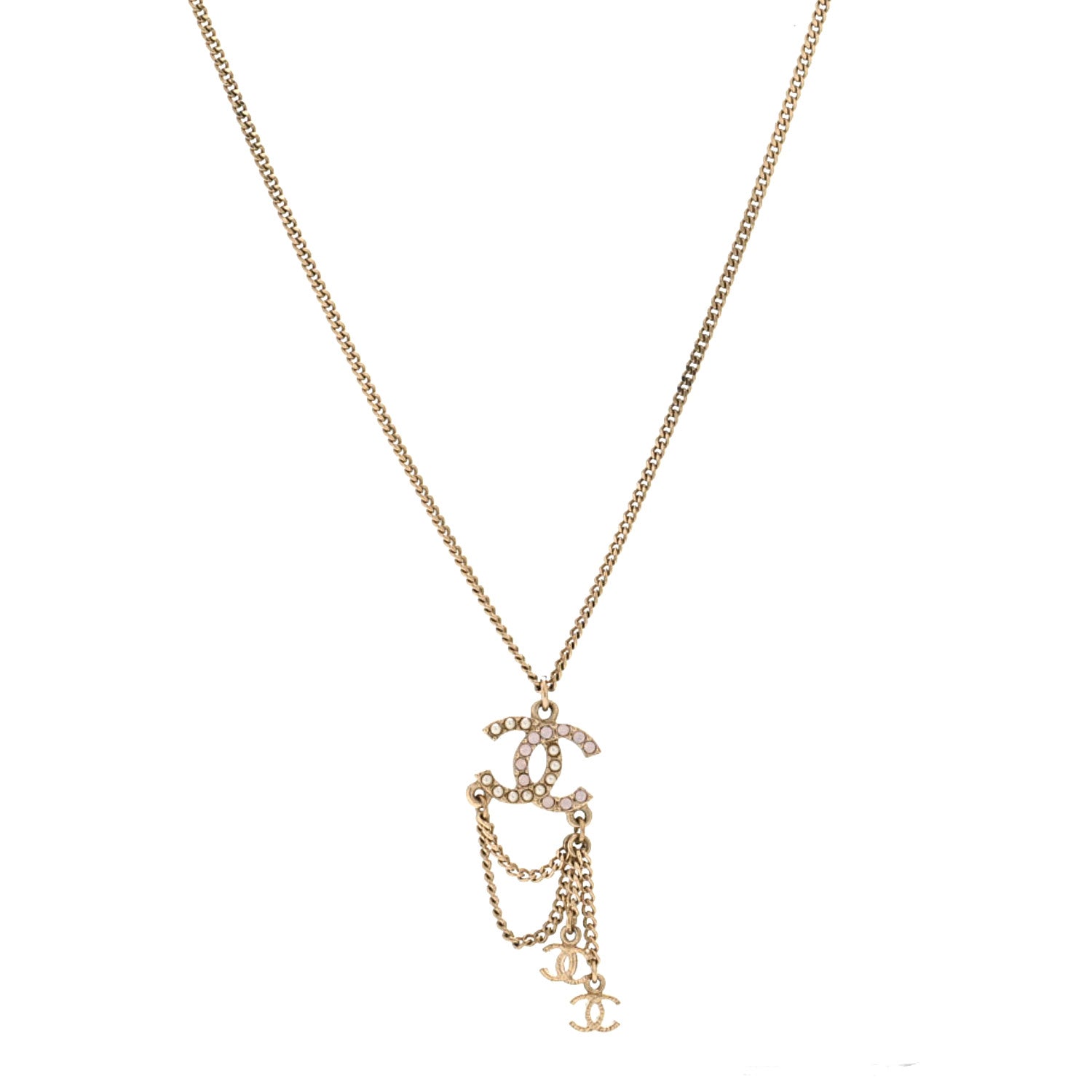 Pearl Crystal CC Chain Necklace Gold Pink