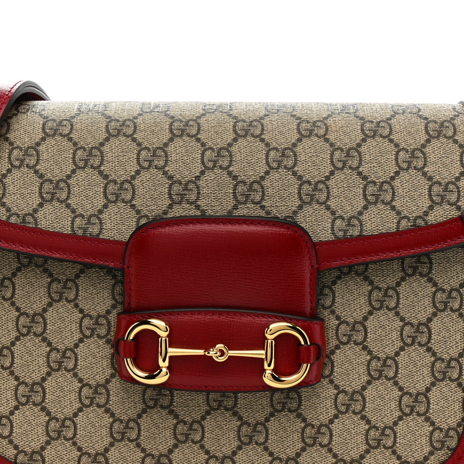 GG Supreme Monogram Azalea Calfskin Horsebit 1955 Shoulder Bag Beige Ebony New Cherry Red