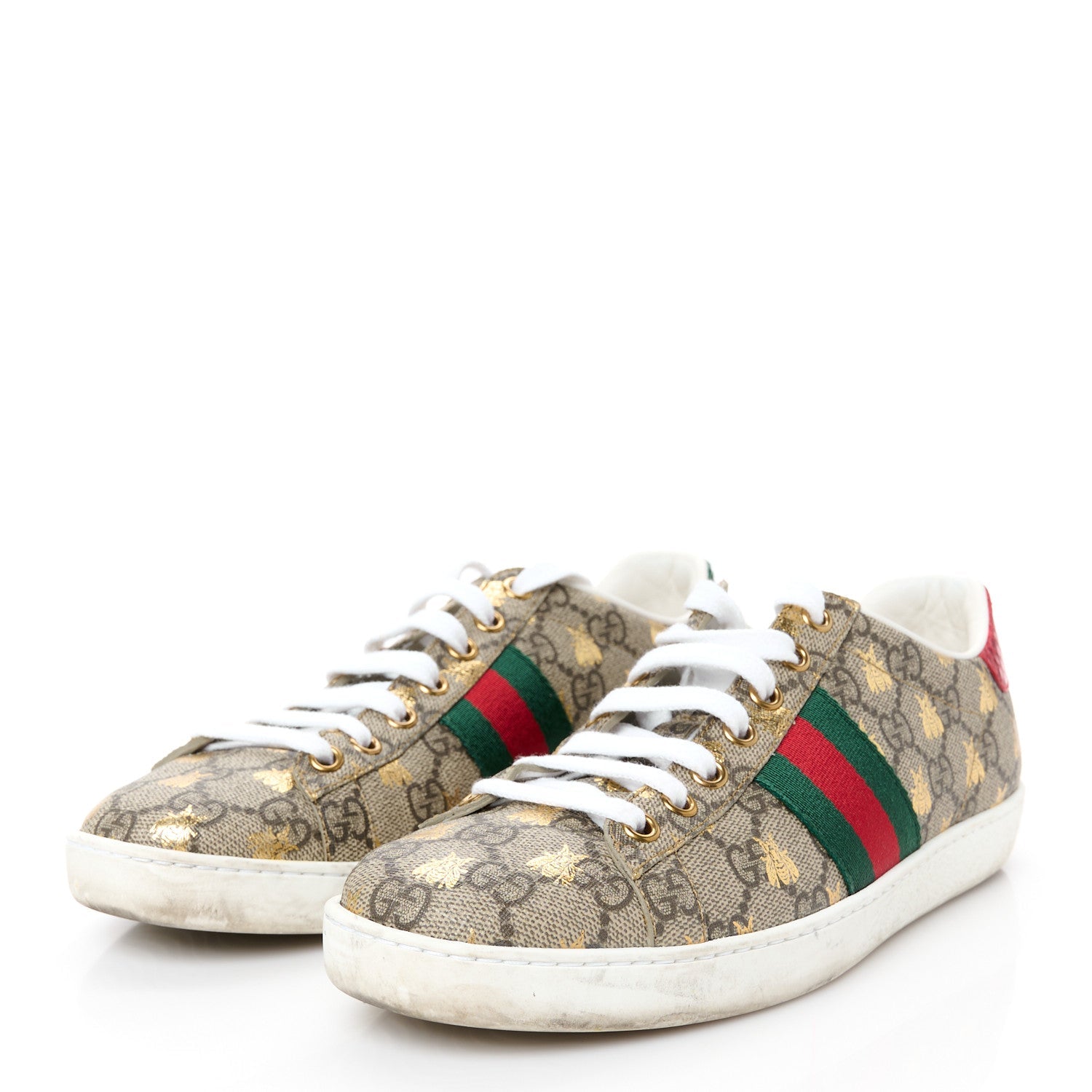GG Supreme Monogram Bees Ayers Web Womens Ace Sneakers 37 Beige Oro Green Red