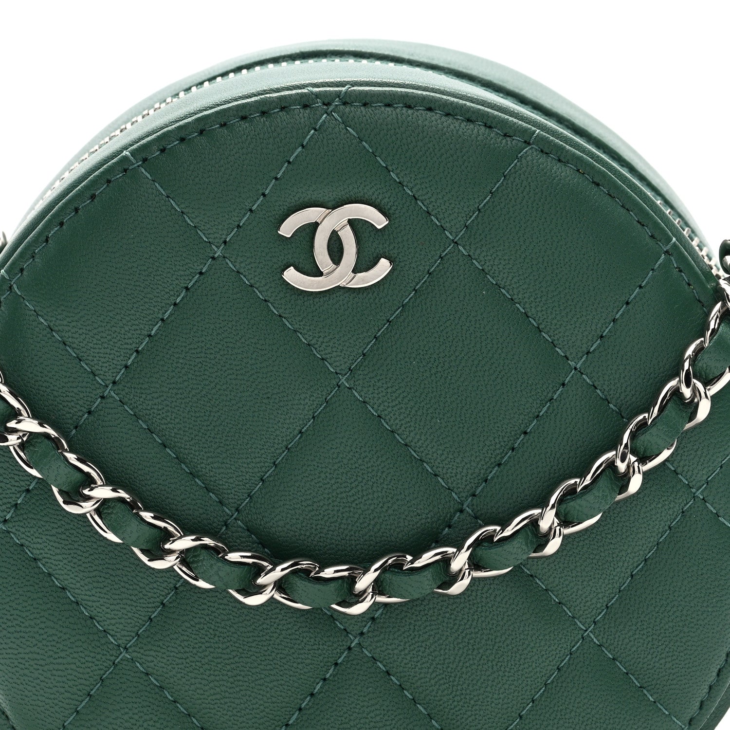 Lambskin Quilted Round Clutch With Chain Green