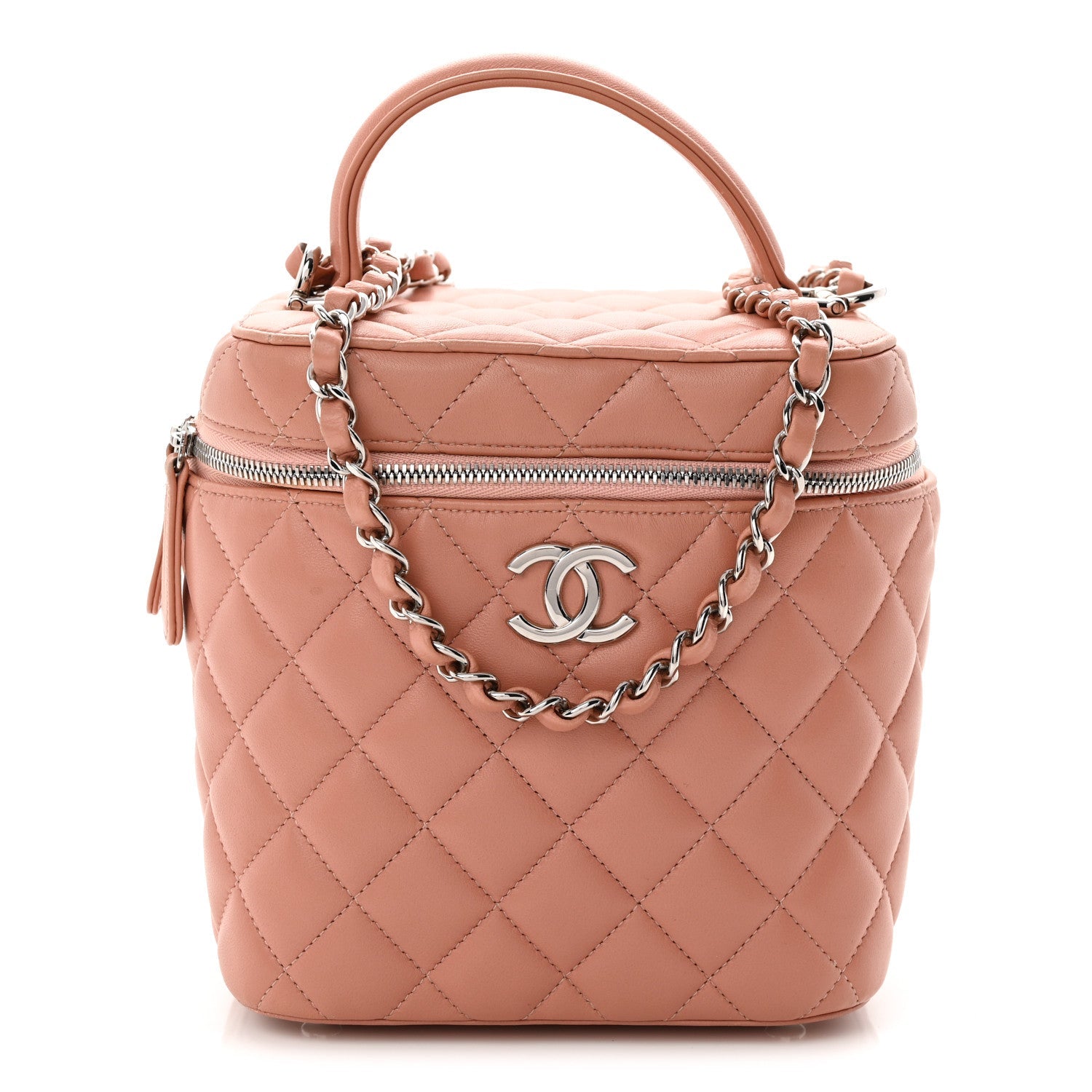 Lambskin Quilted Top Handle Vanity Case With Chain Light Pink