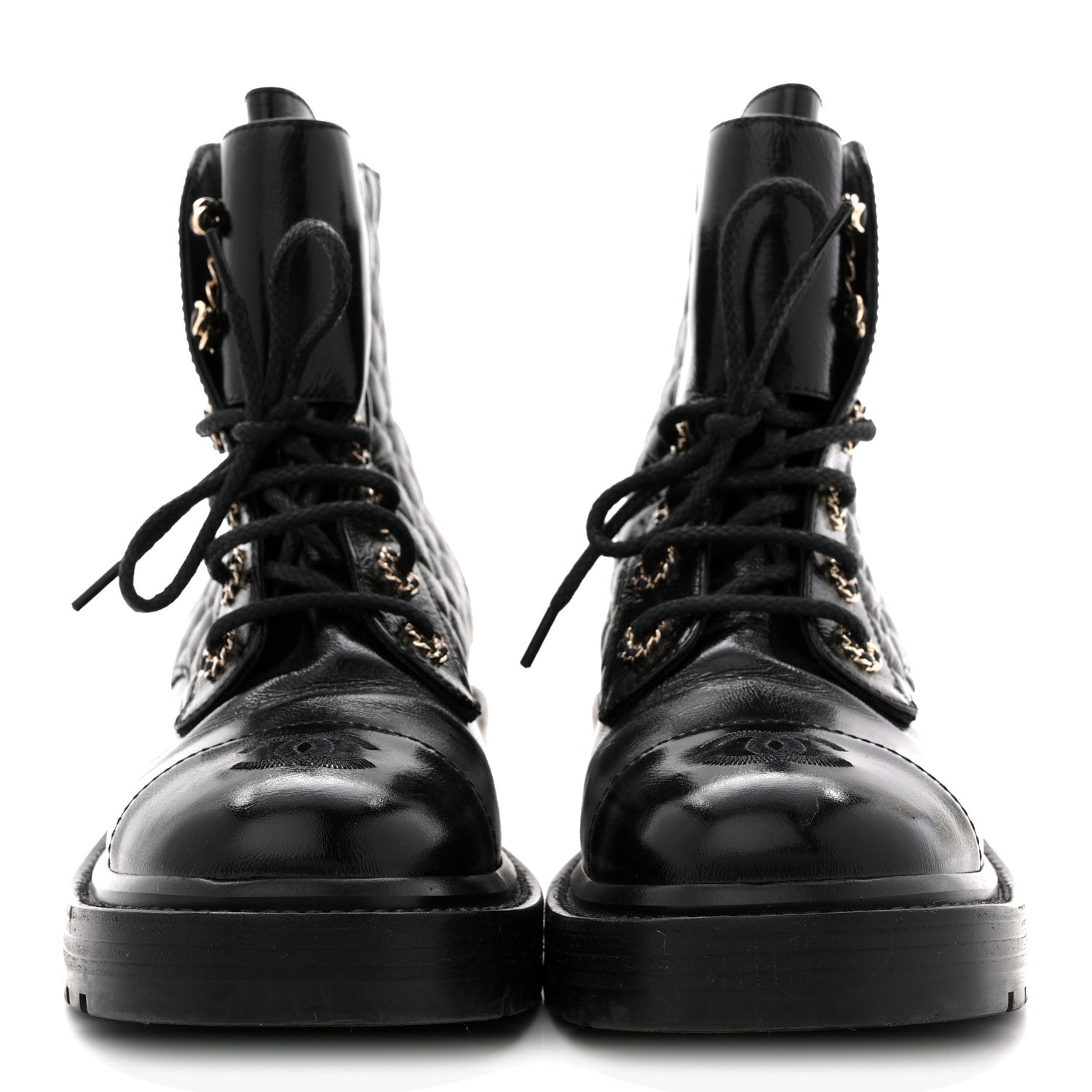 Shiny Goatskin Calfskin Quilted Lace Up Combat Boots 38.5 Black