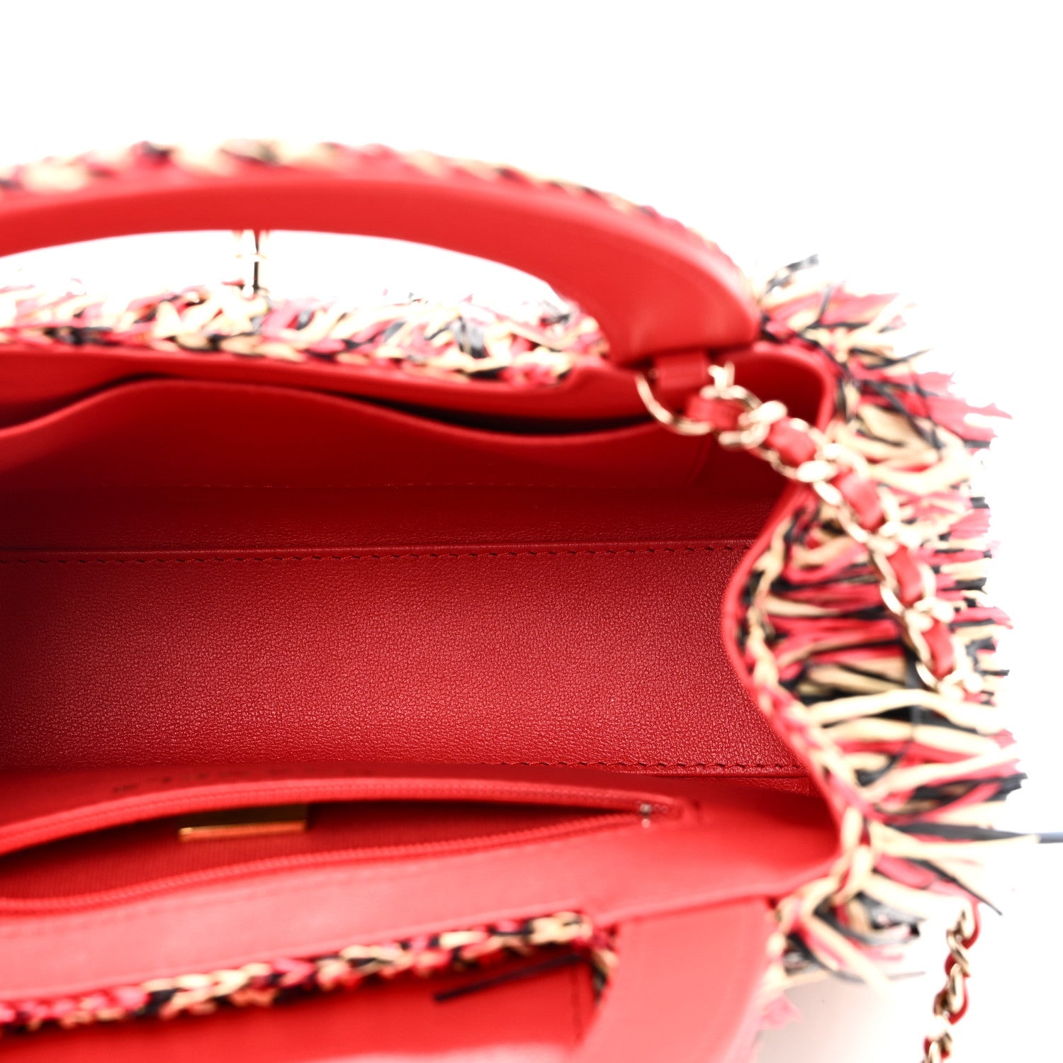 Raffia Fringe Nano Kelly Shopper Red Beige Black