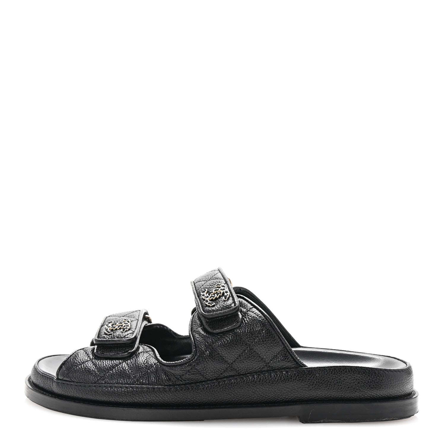 Grained Calfskin Quilted Velcro Dad Chain CC Slide Sandals 40 Black