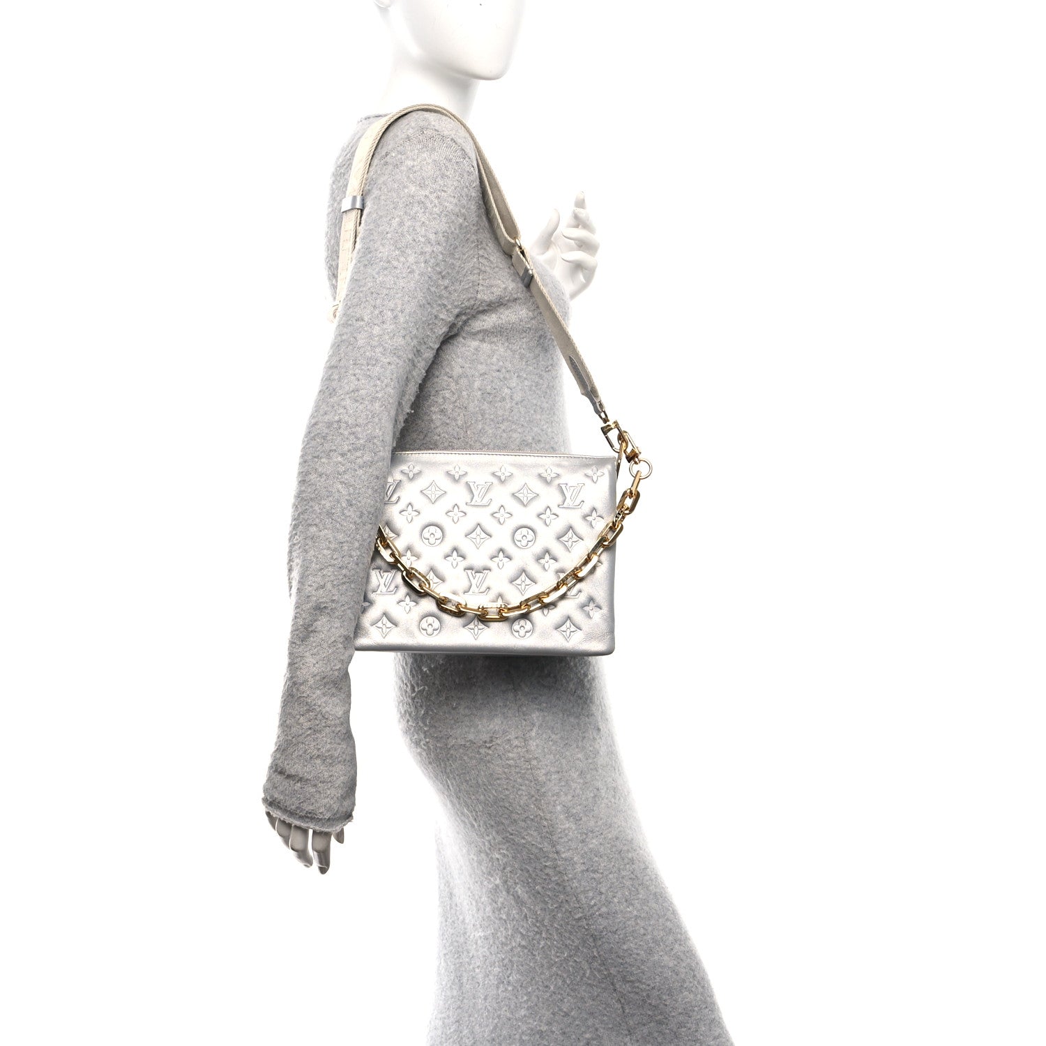 Metallic Lambskin Embossed Monogram Coussin PM Silver