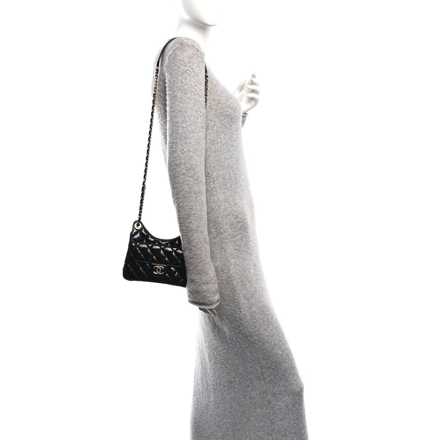 Shiny Crumpled Calfskin Quilted Small Wavy CC Hobo Black