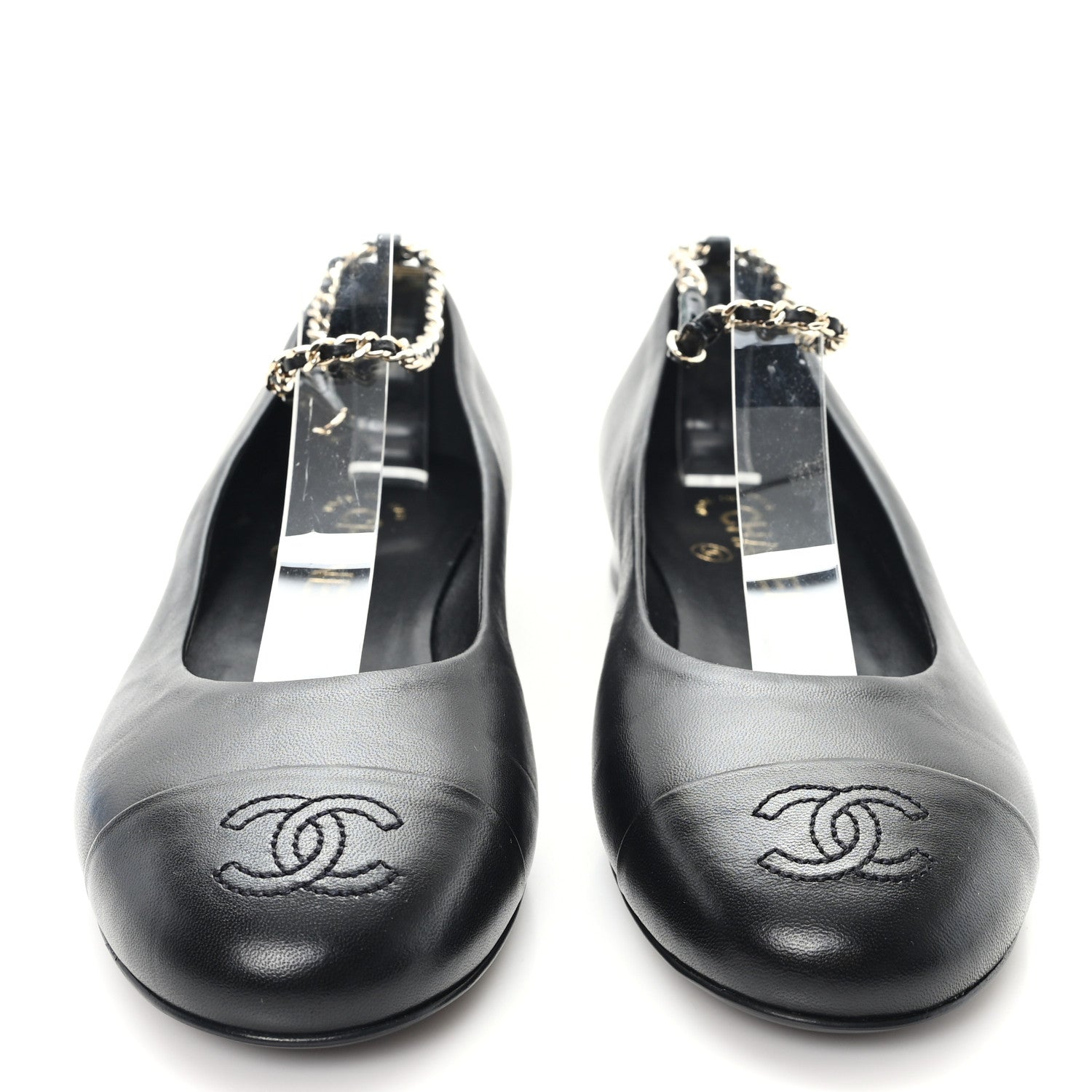 Lambskin Cap Toe CC Ankle Chain Ballerina Flats 36.5 Black