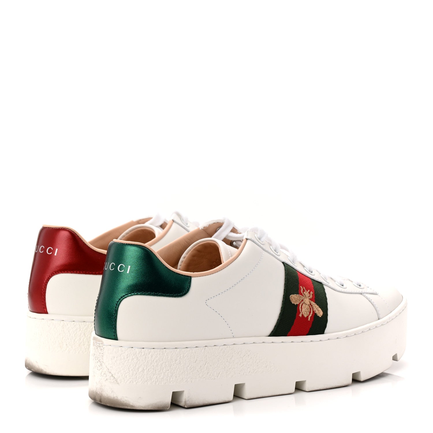 Calfskin Web Bee Embroidered Womens Ace Platform Sneakers 39 White