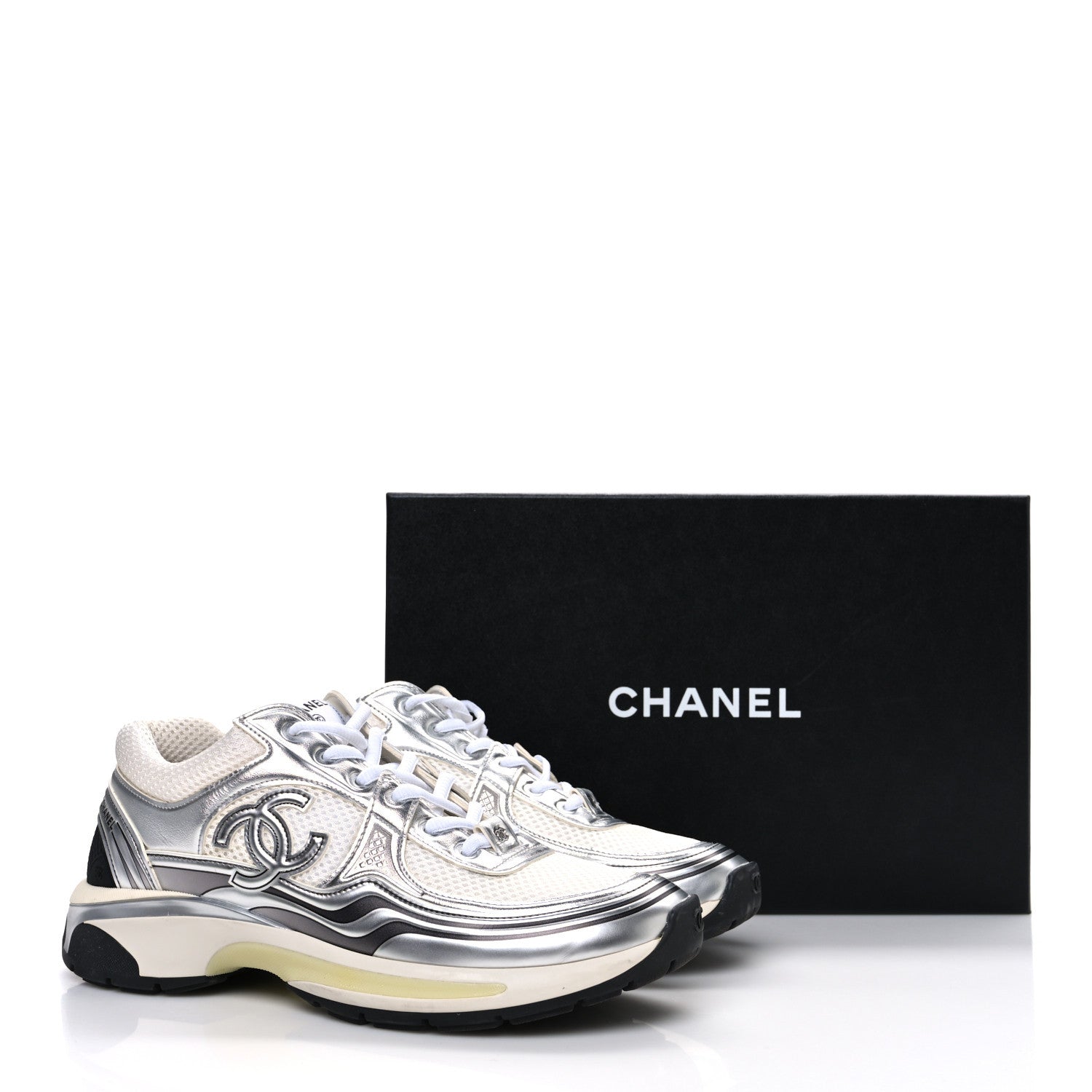 Fabric Laminated Calfskin Stretch CC Womens Sneakers 40 White Silver