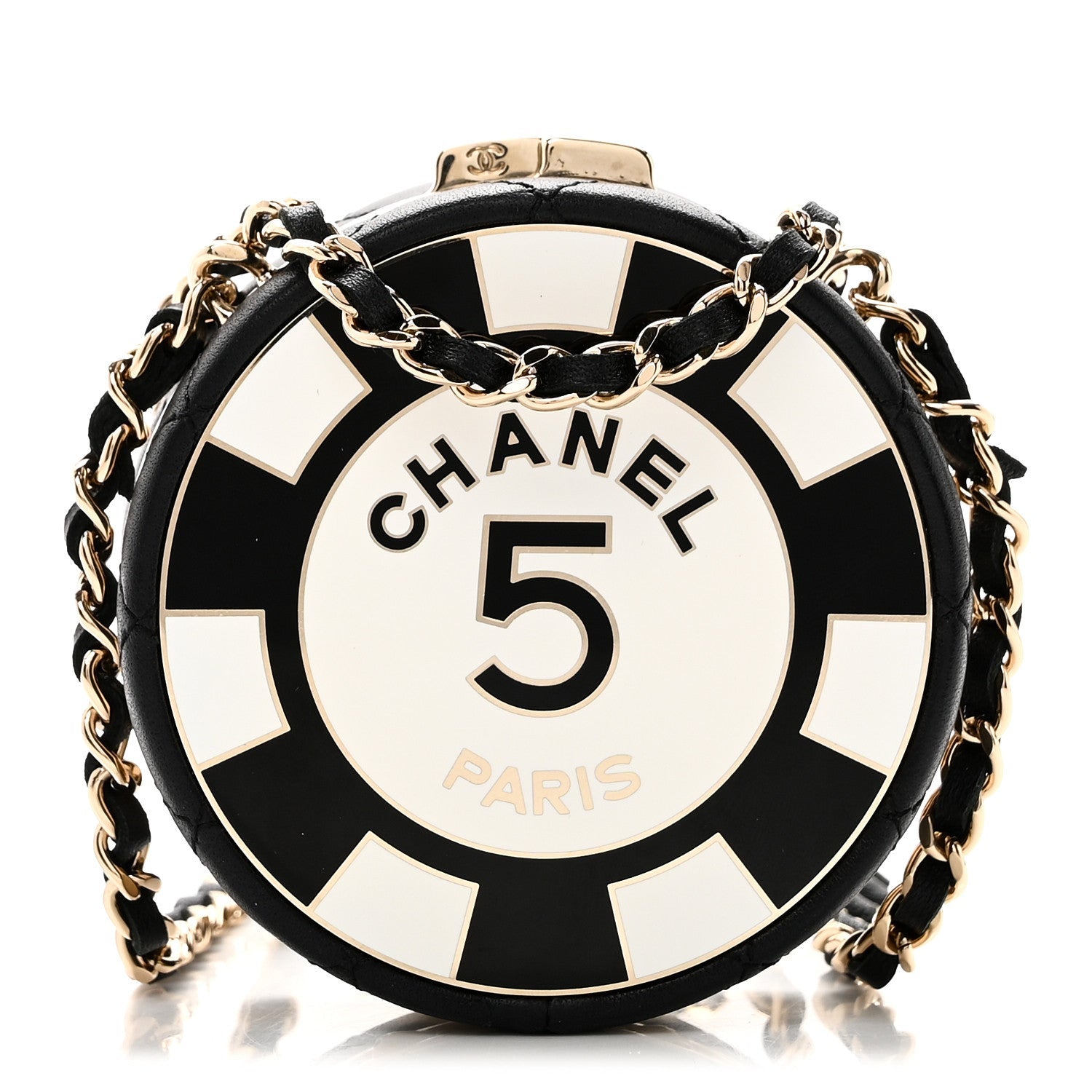 Lambskin Enamel Quilted Round Poker Chip Clutch With Chain Black White