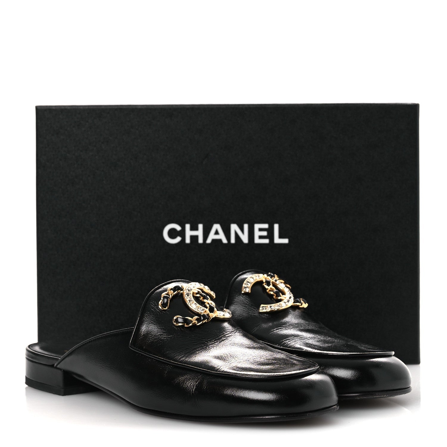 Shiny Calfskin Crystal CC Mules 41 Black