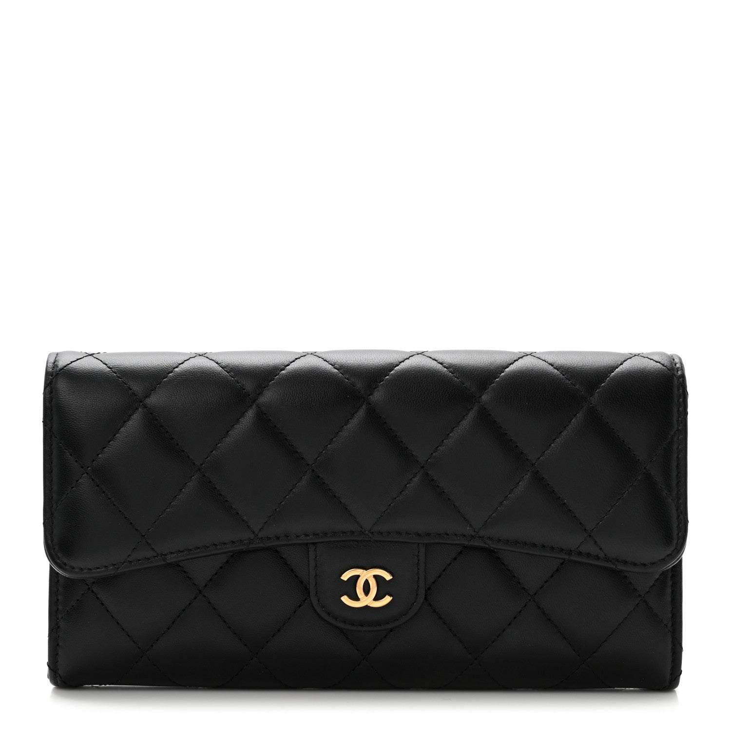 Lambskin Quilted Large Gusset Flap Wallet Black