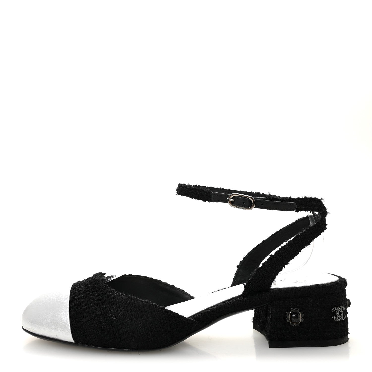 Tweed Iridescent Calfskin Cap Toe CC Slingback Pumps 38.5 Black Silver