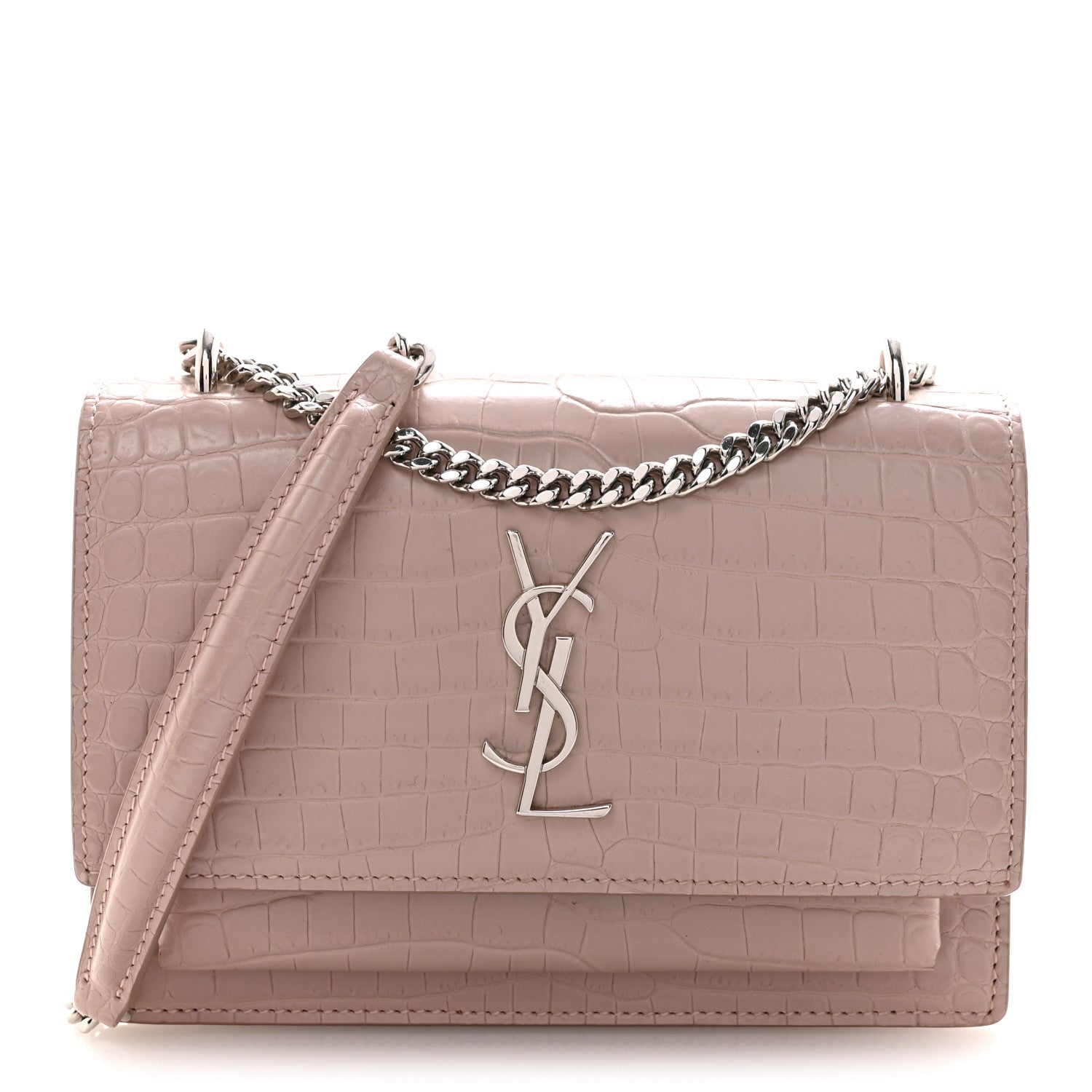 Calfskin Crocodile Embossed Monogram Sunset Chain Wallet Soft Nude