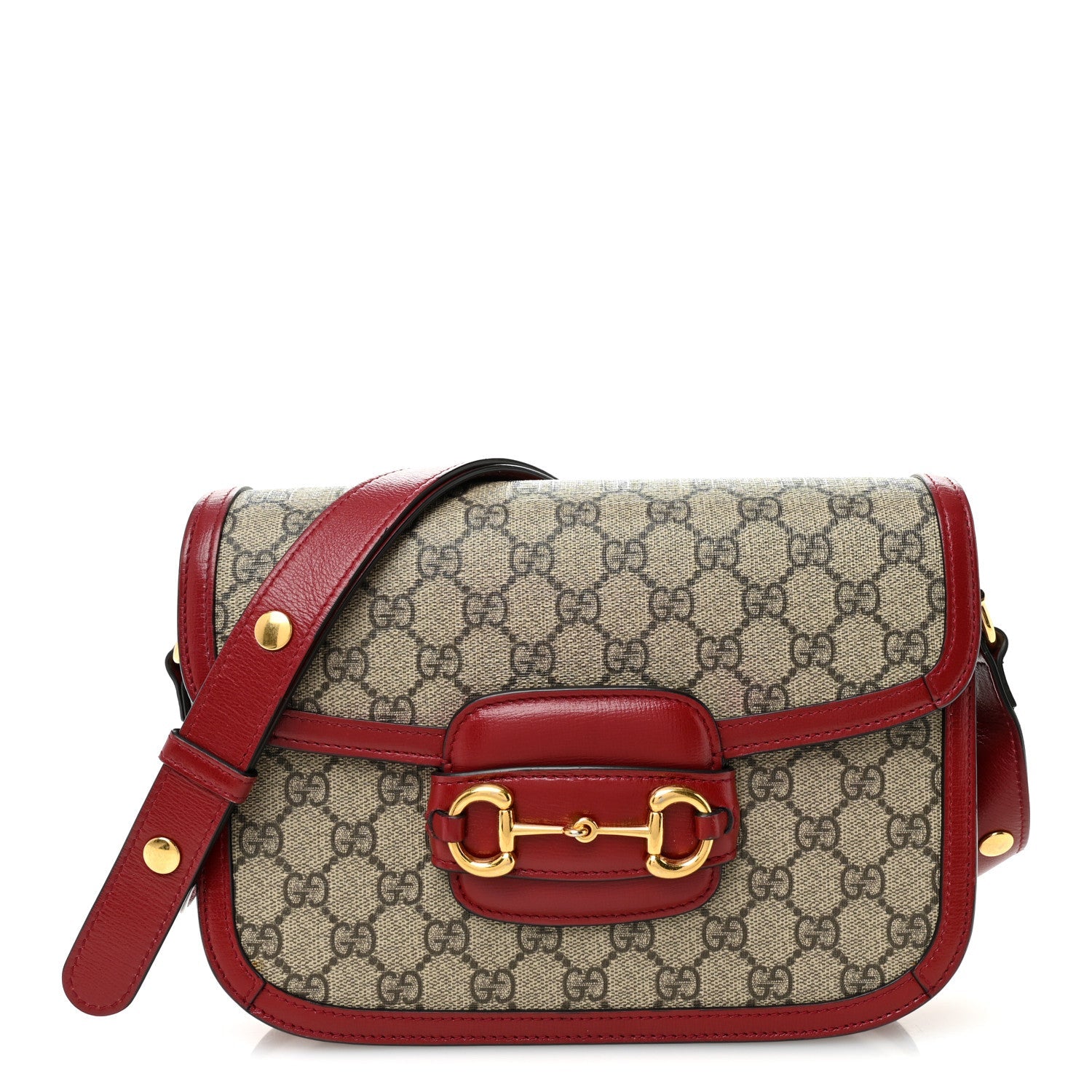GG Supreme Monogram Azalea Calfskin Horsebit 1955 Shoulder Bag Beige Ebony New Cherry Red