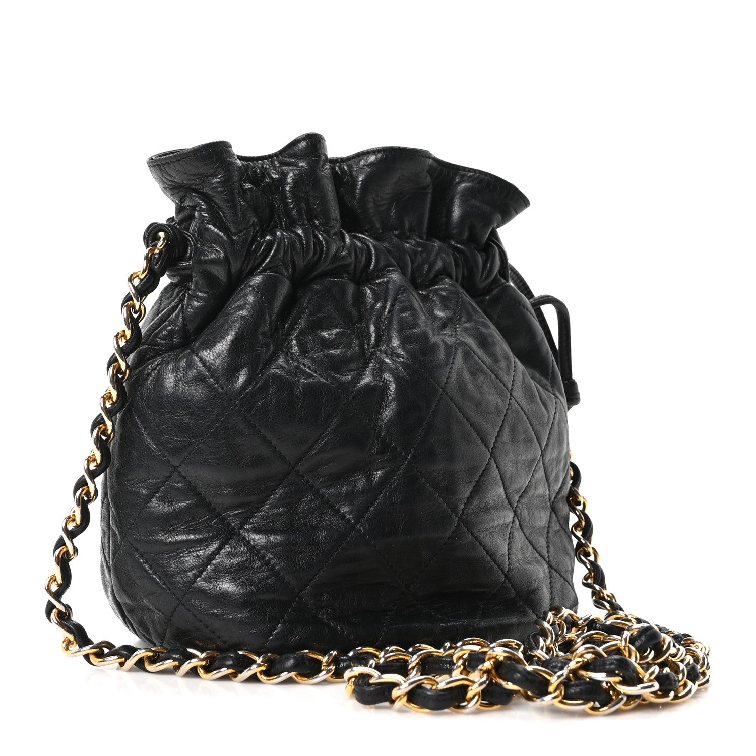 Lambskin Quilted Mini Drawstring Bucket Bag Black