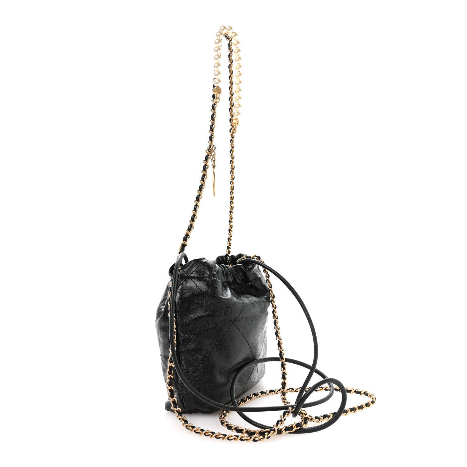 Shiny Crumpled Calfskin Quilted Pearl Mini Chanel 22 Black