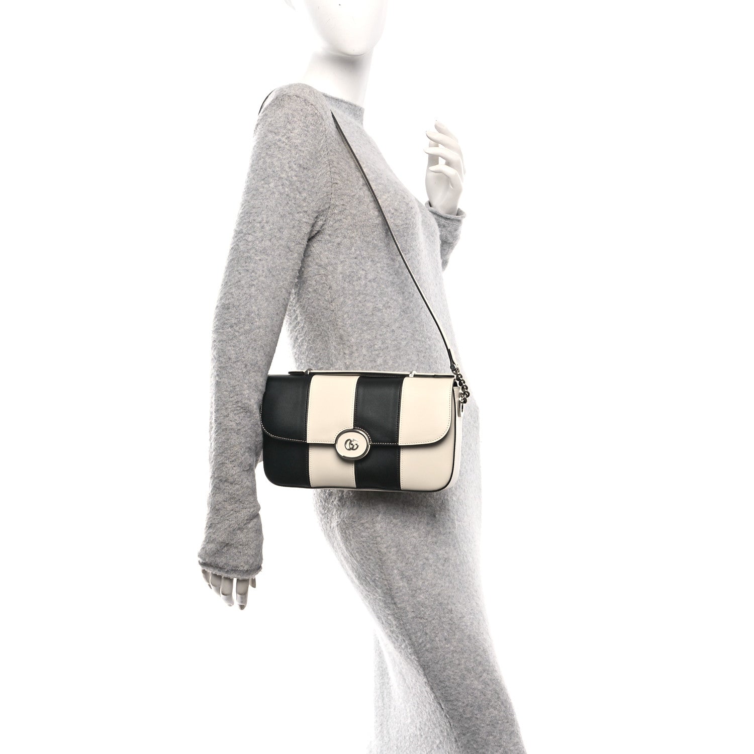 Senna Calfskin Lines Petite GG Top Handle Shoulder Bag Black Mystic White