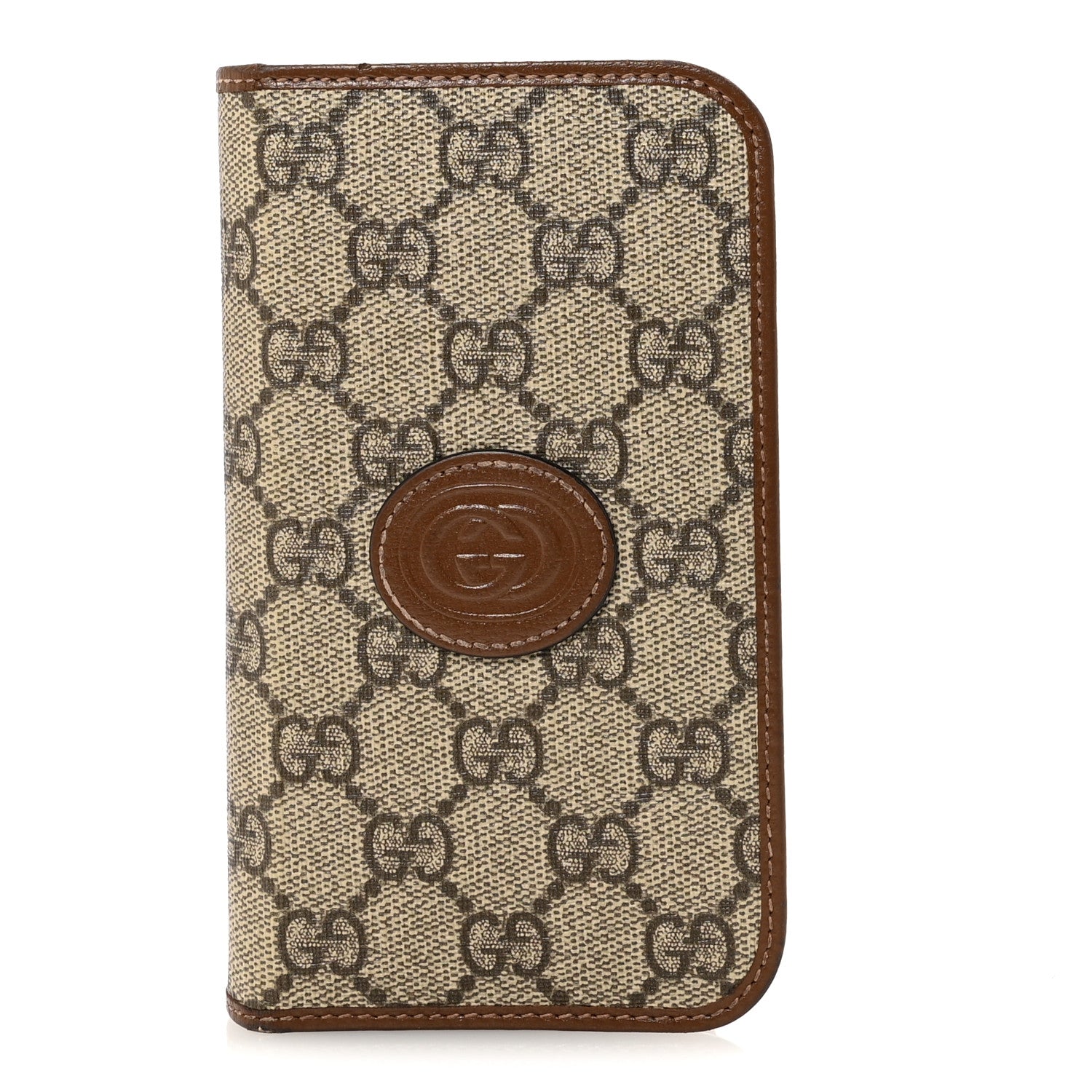 Supreme Monogram Azalea Calfskin Retro Interlocking G Phone 15 Case Wallet Beige Ebony Brown Sugar