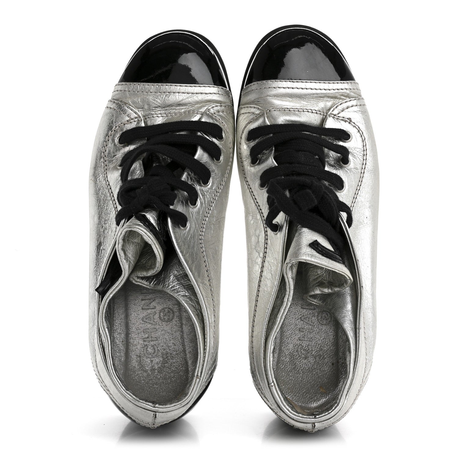 Metallic Lambskin Patent Cap Toe CC Sneakers 38.5 Silver Black
