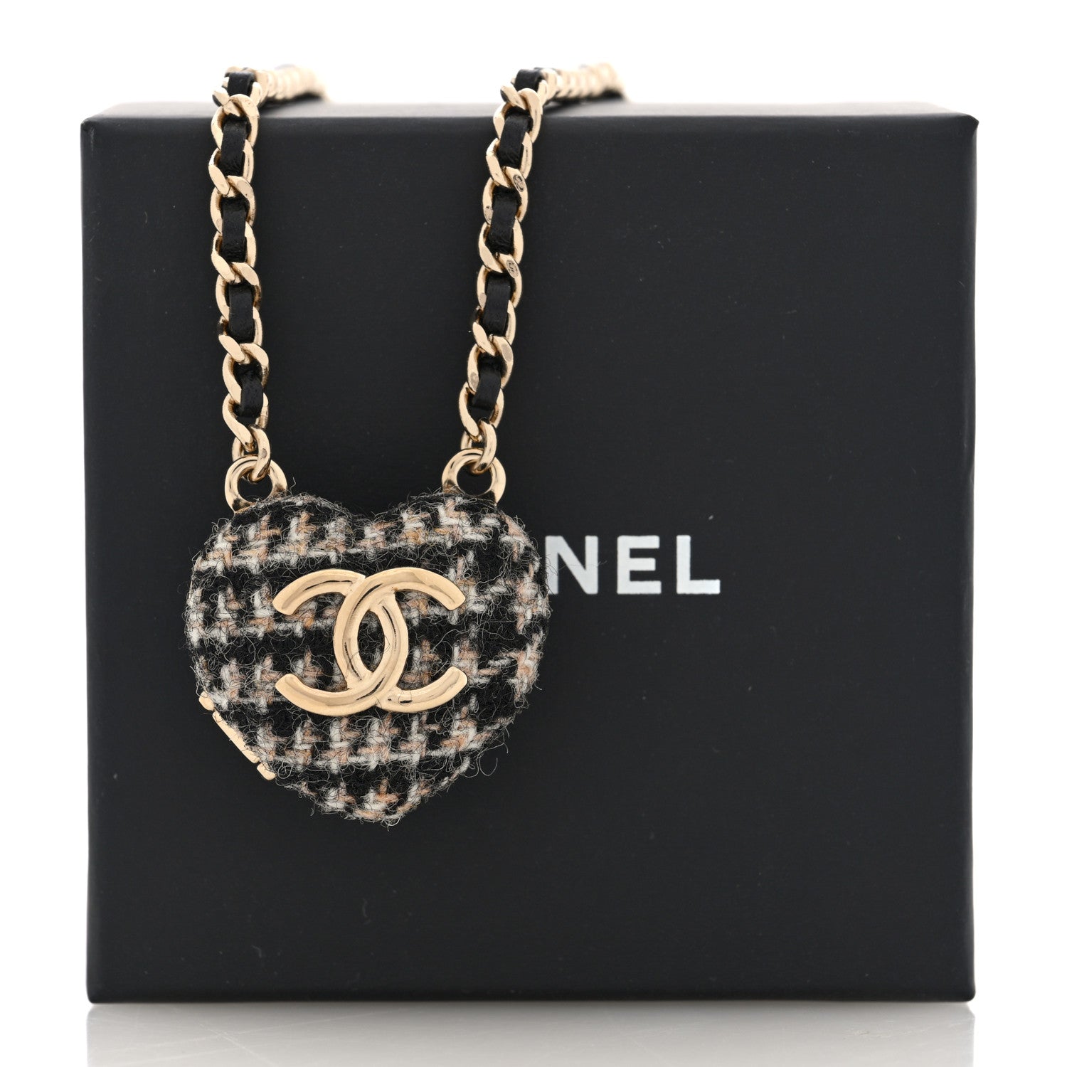 Lambskin Tweed CC Locket Pendant Necklace Beige Black Silver Gold