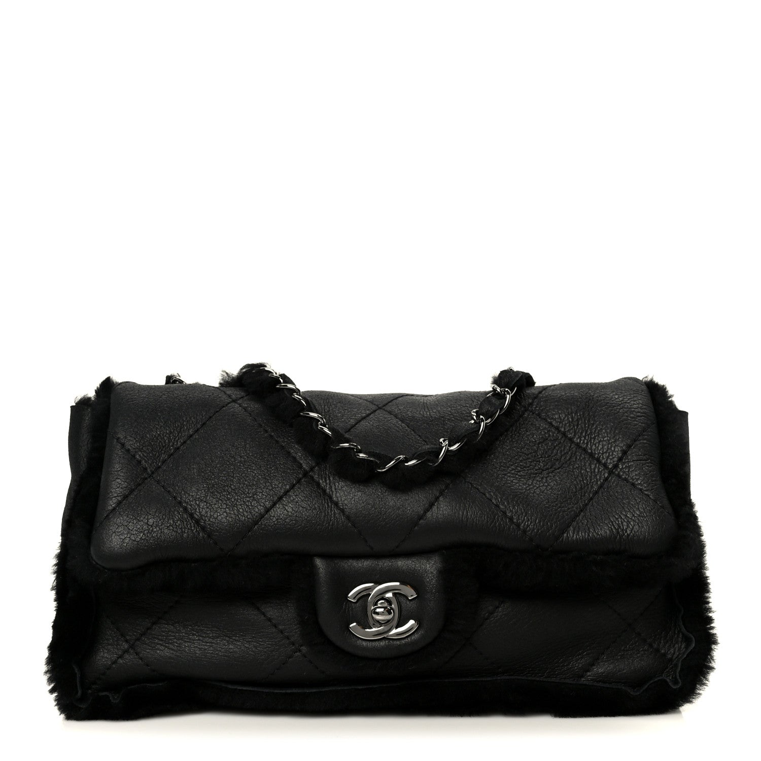 Shearling Quilted Medium Single Flap Black