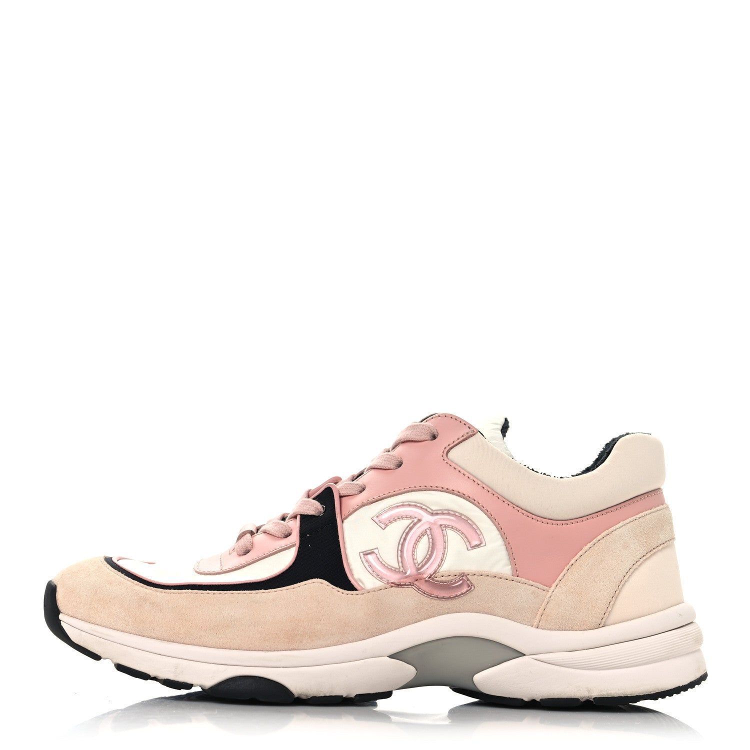 Nylon Lambskin Suede Calfskin CC Sneakers 39.5 Pink White Black