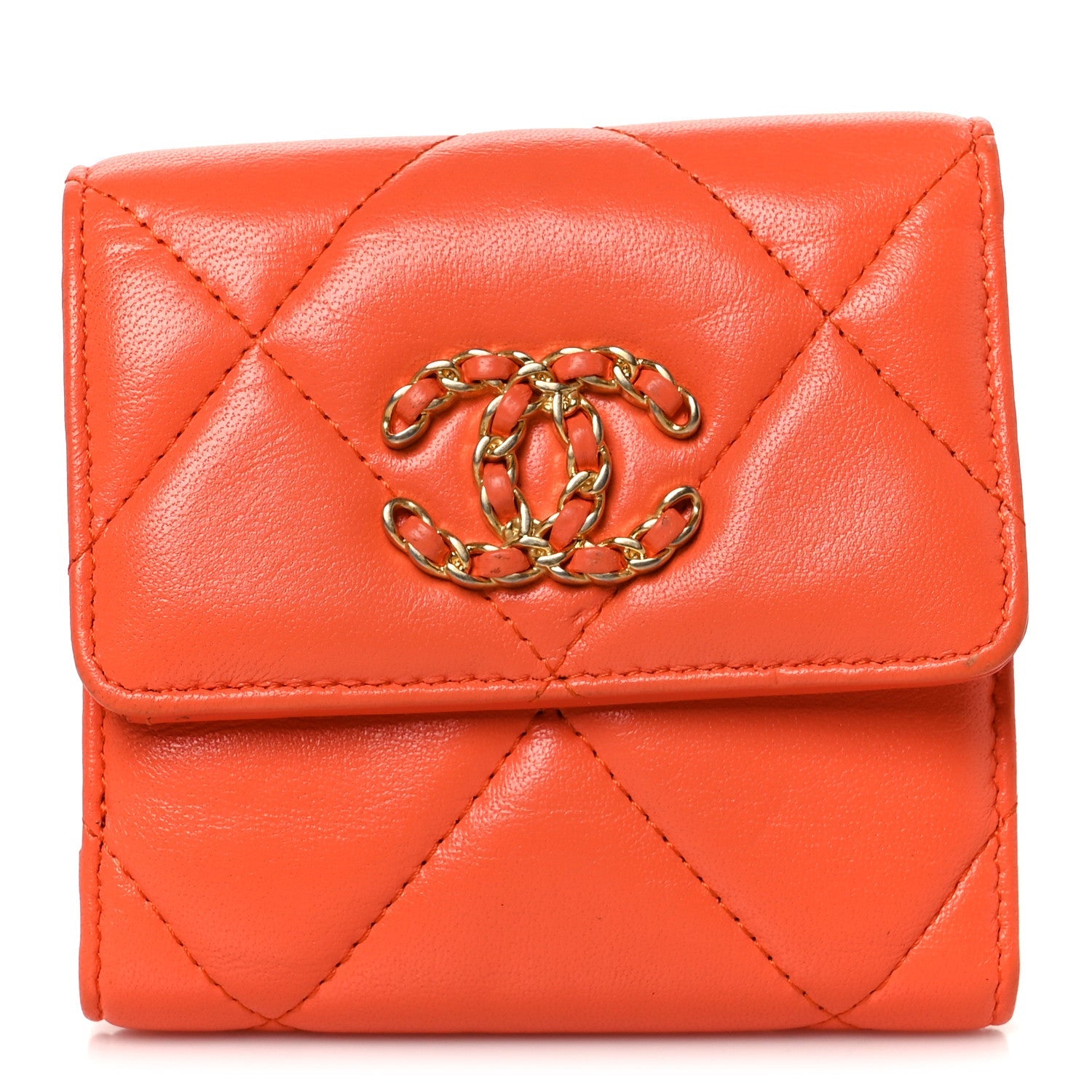 Goatskin Quilted Chanel 19 Small Flap Wallet Orange