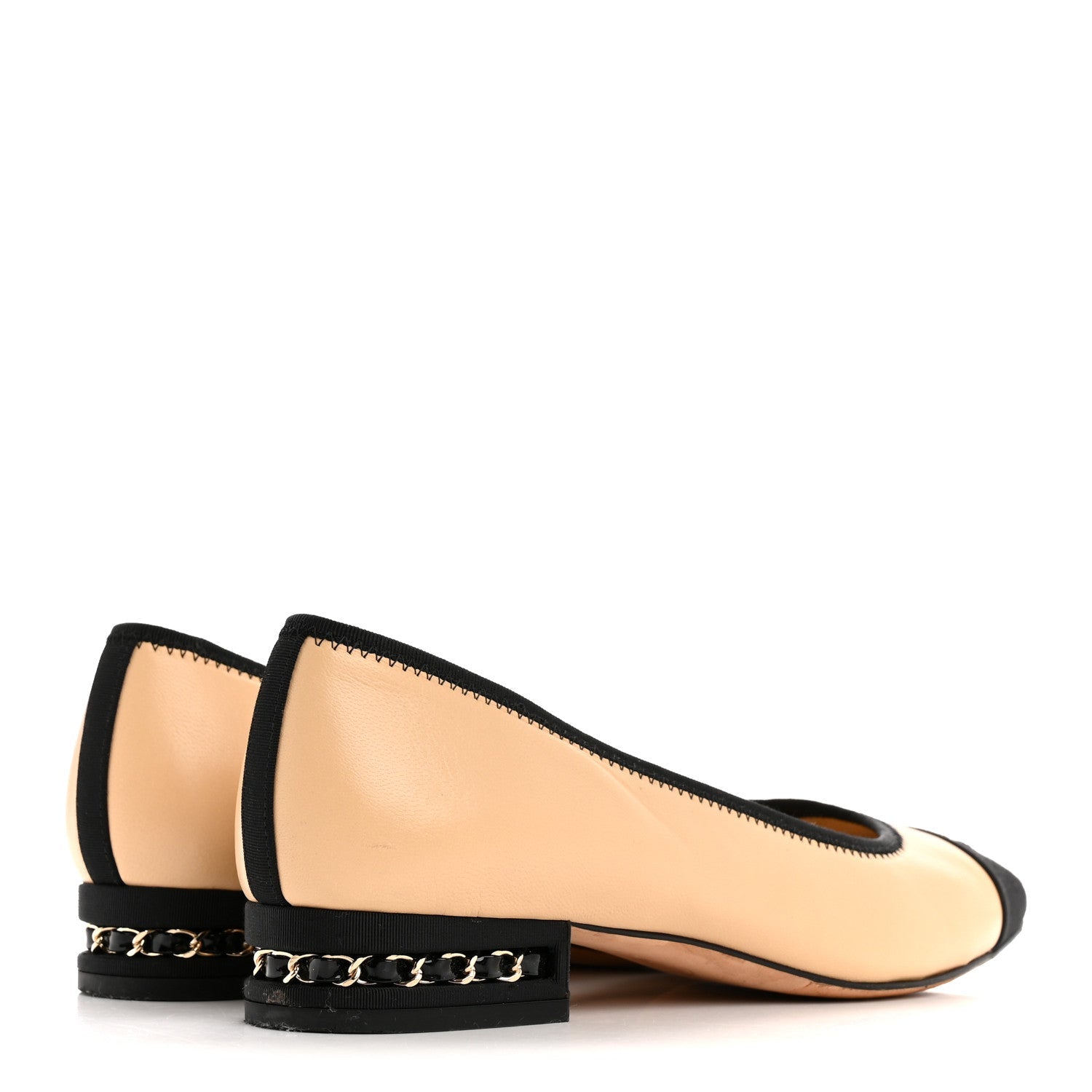 Lambskin Grossgrain Cap Toe Chain CC Flats 39 Beige Black