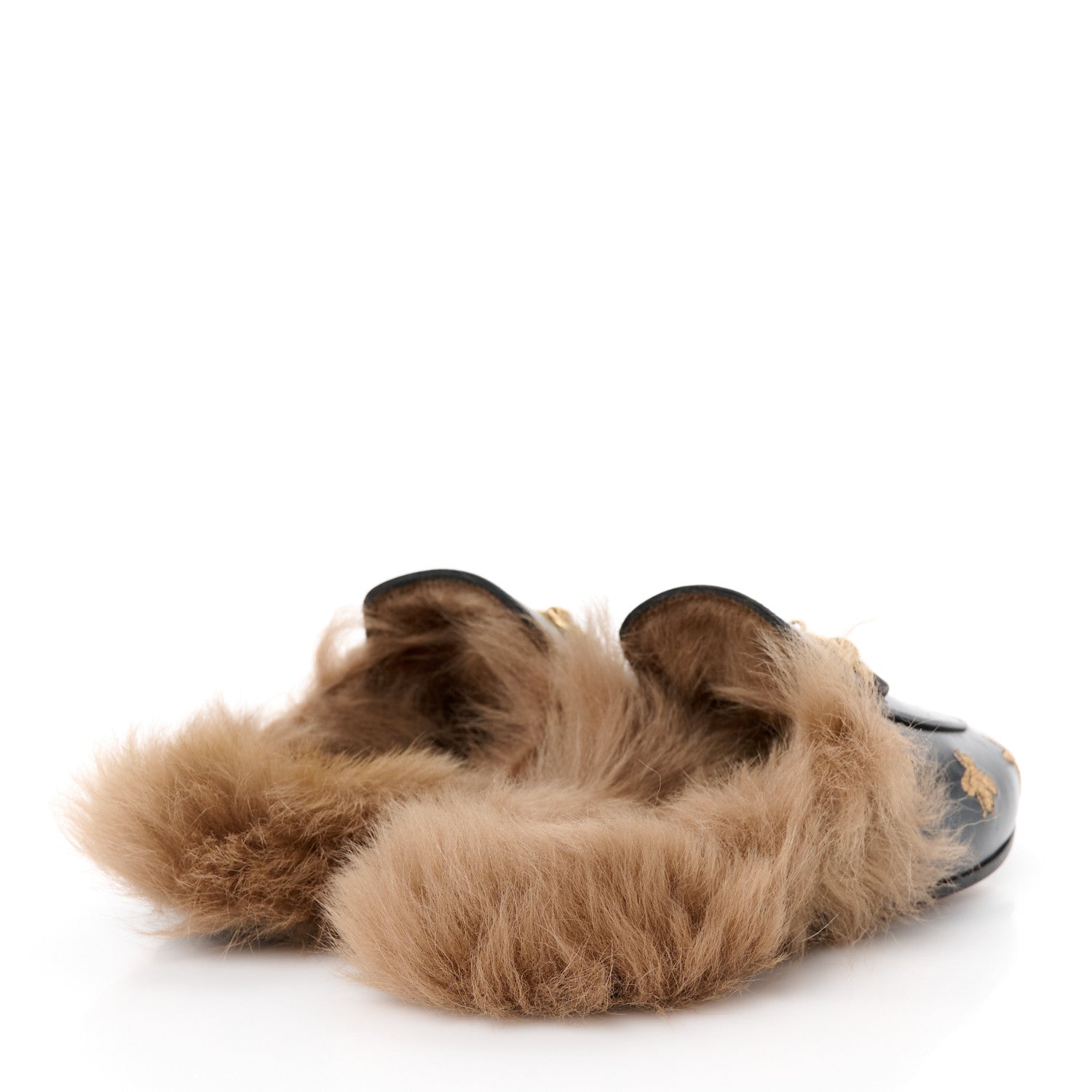 Goatskin Fur Bee Star Embroidered Womens Princetown Slippers 35.5 Black