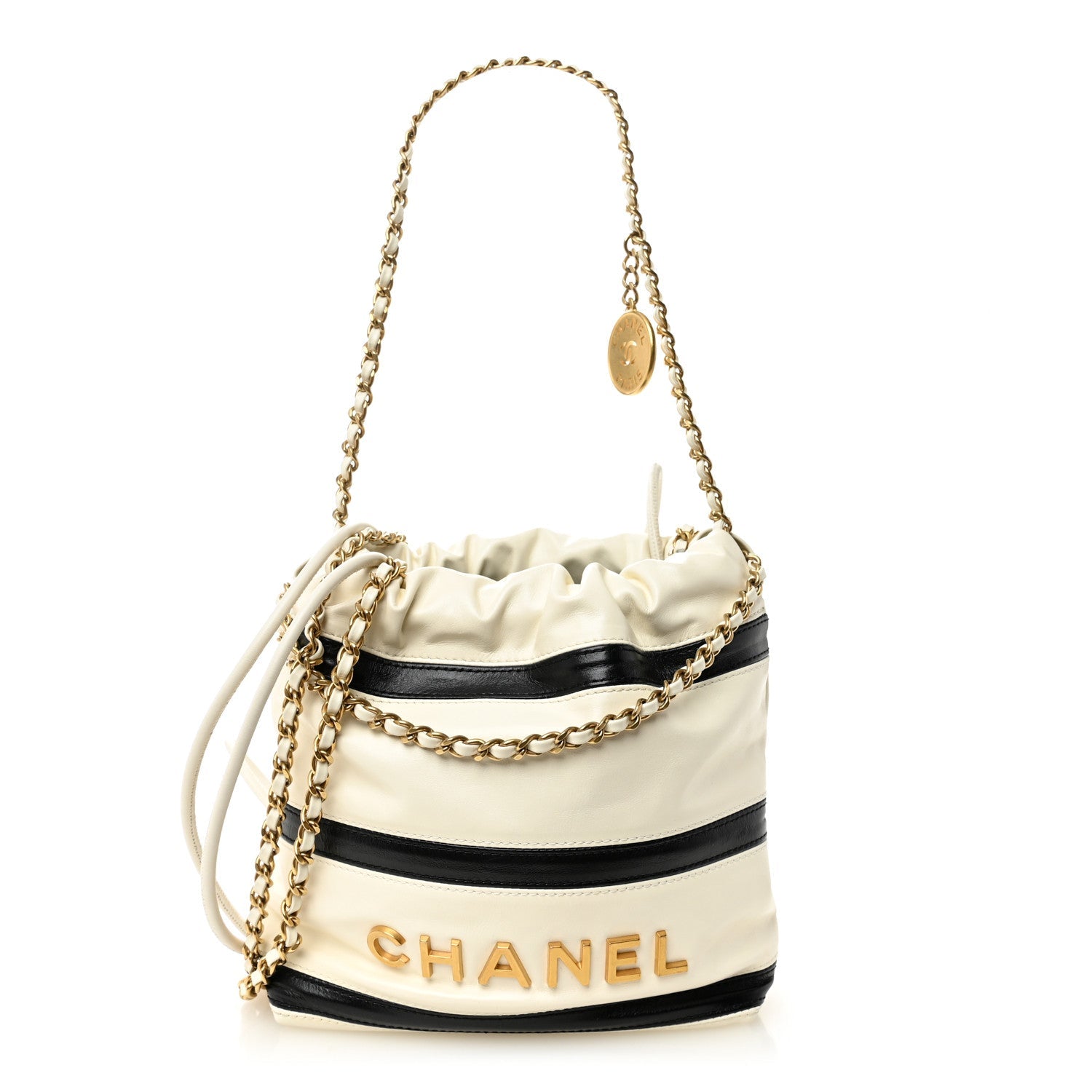 Shiny Calfskin Striped Mini Chanel 22 White Black