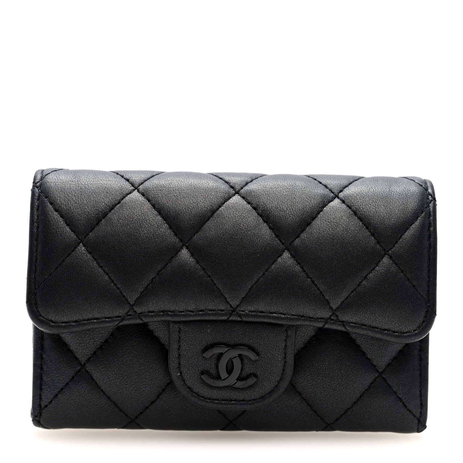 Pearly Lambskin Quilted Flap Card Holder Wallet So Black