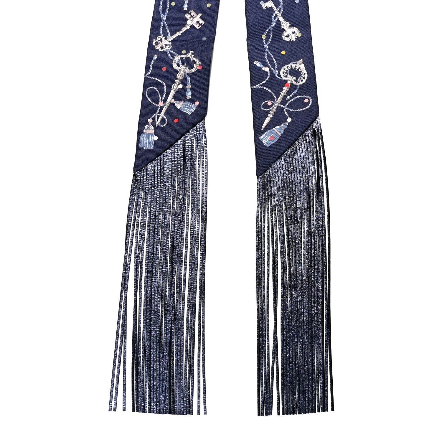 Silk Calfskin Les Cles A Pois Fringed Twilly Bleu Marine Gris Argent Multicolor