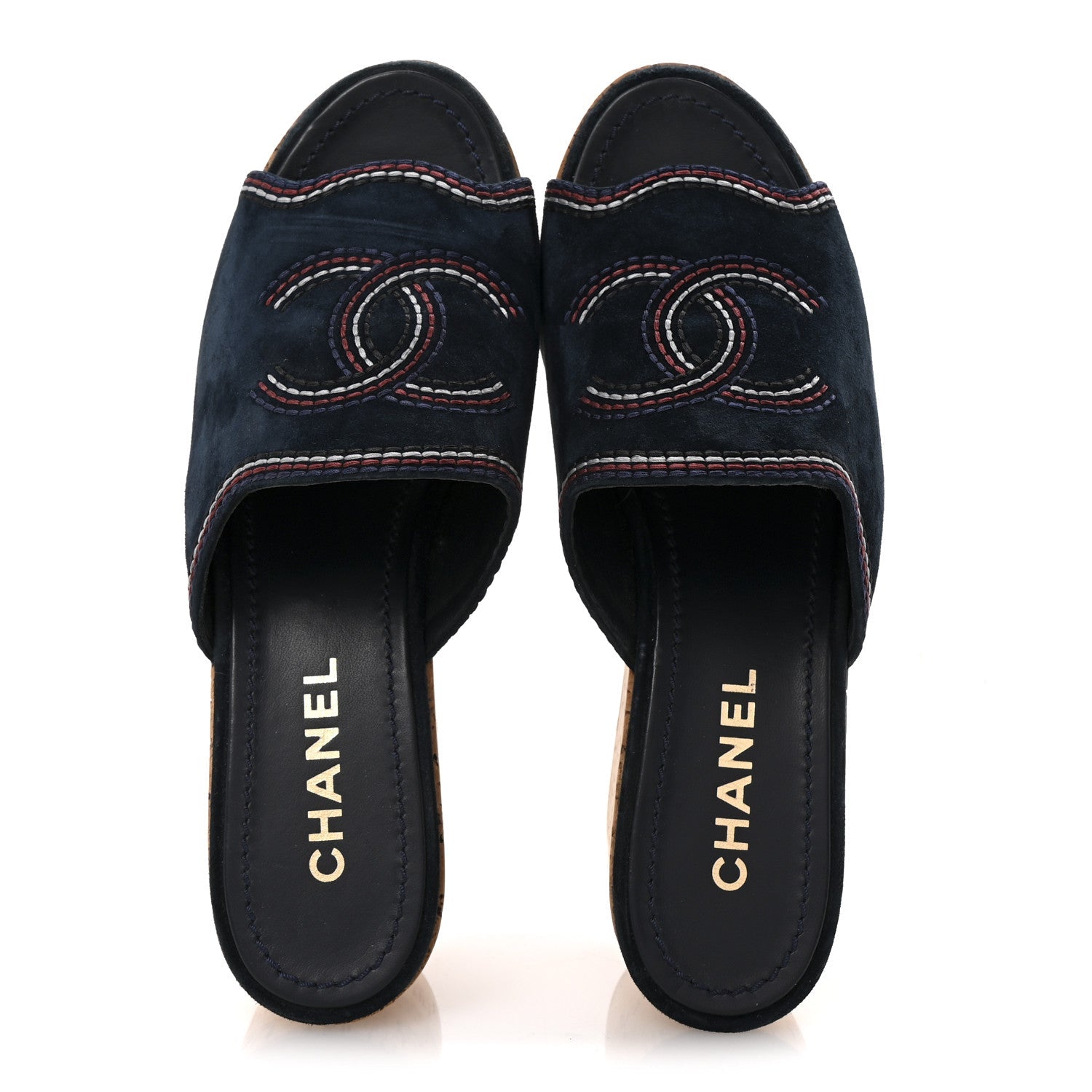 Suede Calfskin Cork CC Wedge Sandal 39 Navy Blue