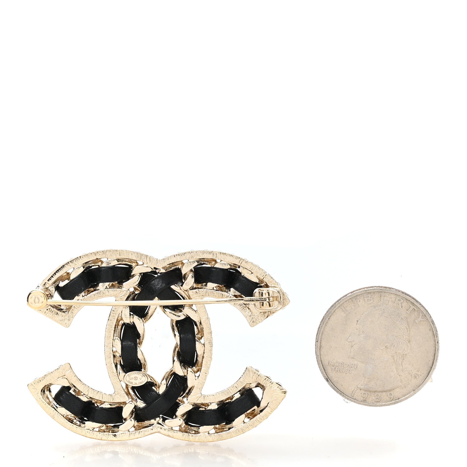 Lambskin Crystal CC Chain Brooch Black Gold