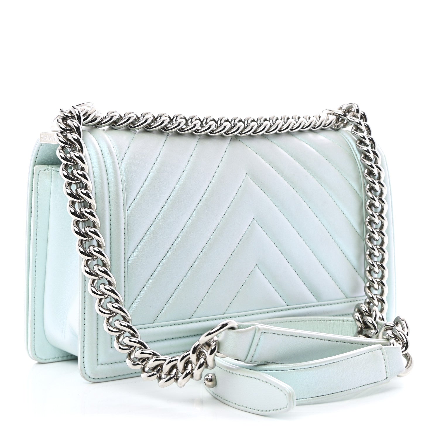 Iridescent Lambskin Chevron Quilted Medium Boy Flap Turquoise