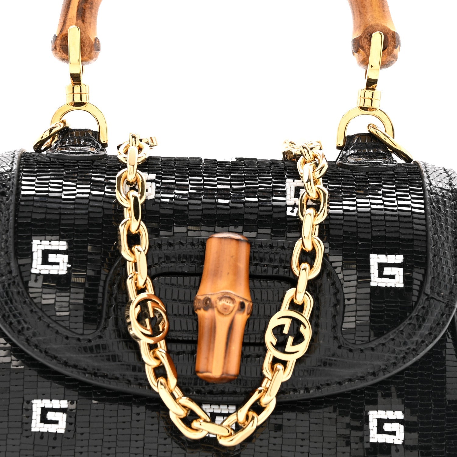 Sequin Lizard Embossed GG Mini Bamboo 1947 Top Handle Chain Bag Black White