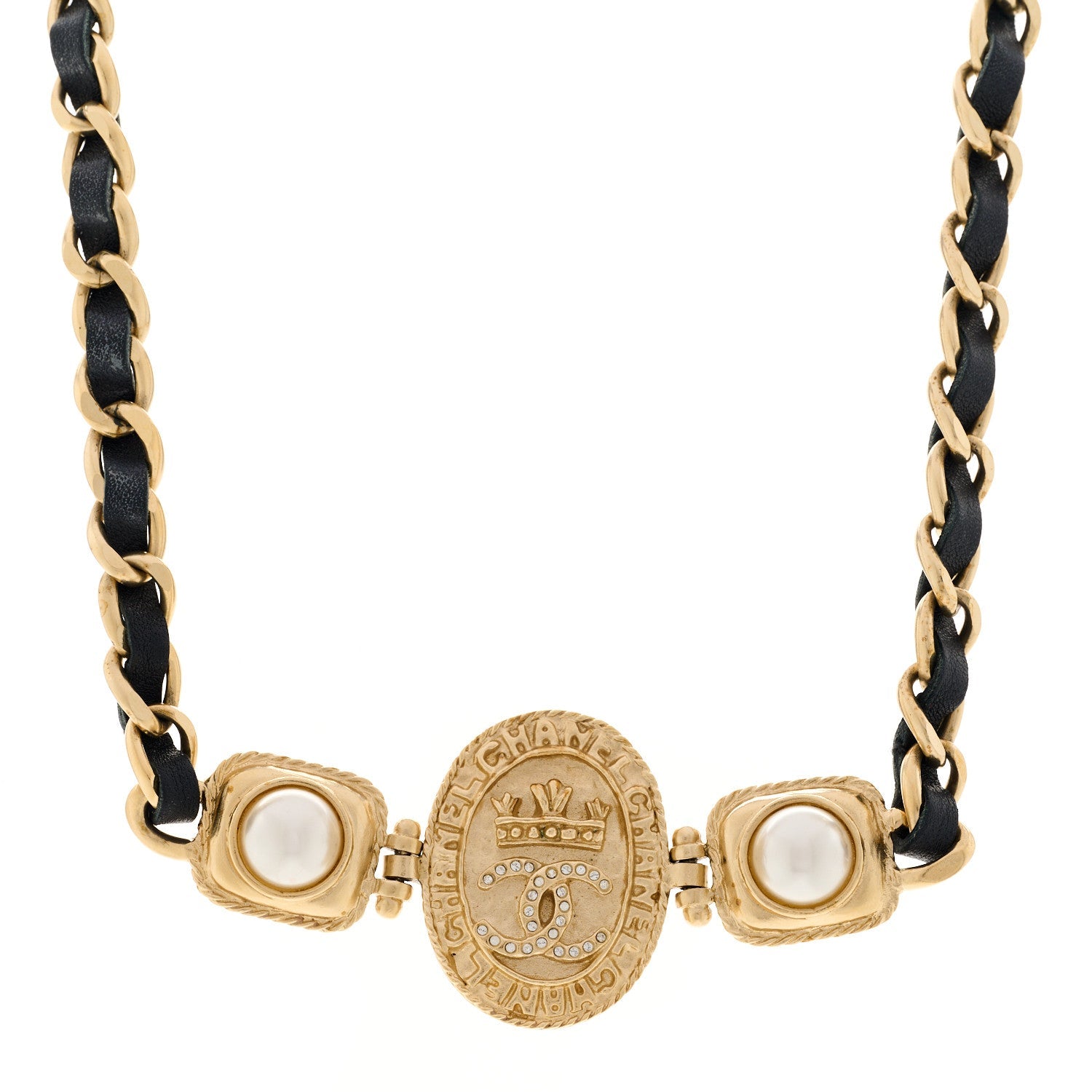 Lambskin Pearl CC Oval Shield Choker Necklace Gold Black