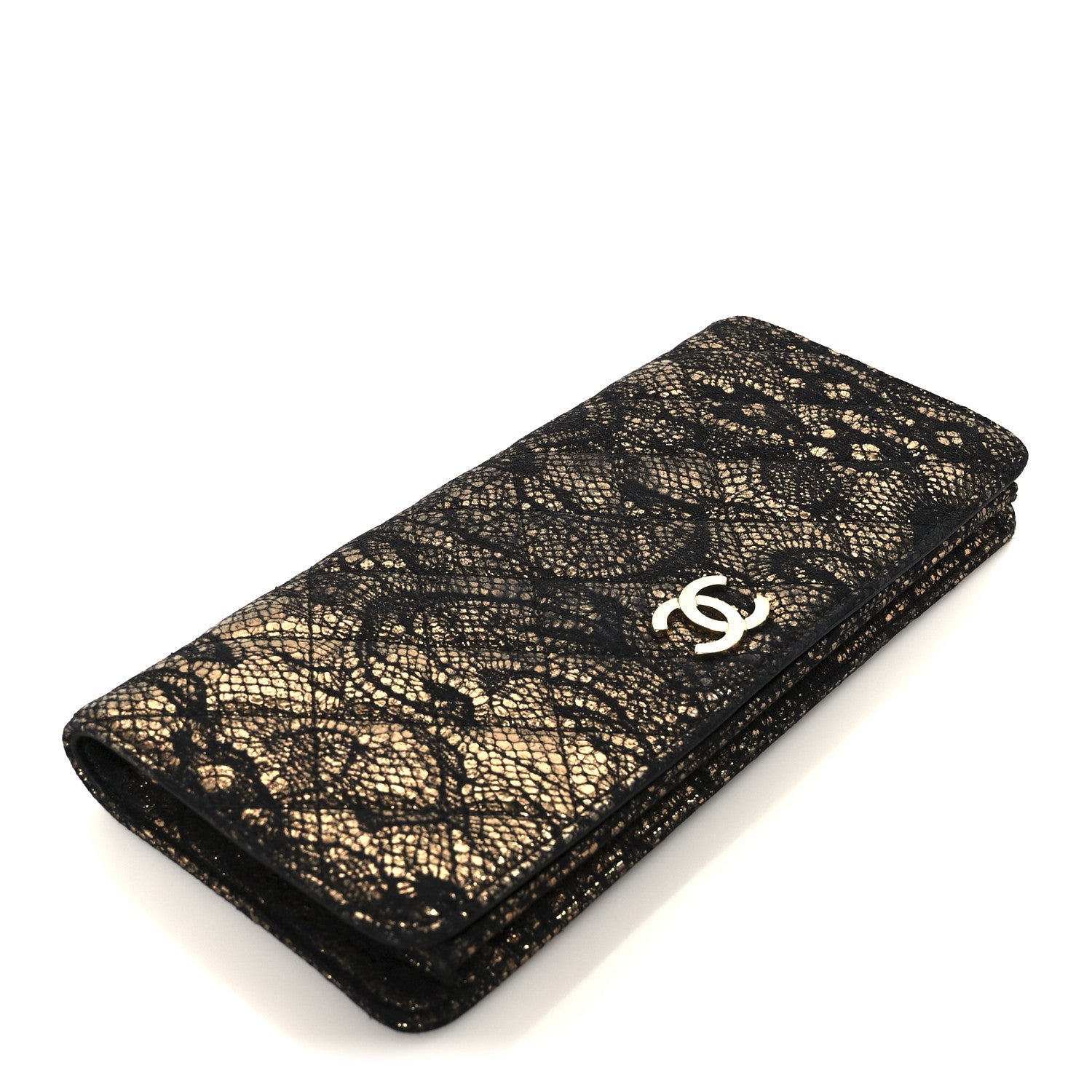 Metallic Fabric Lace Effect Quilted Clutch Black Gold