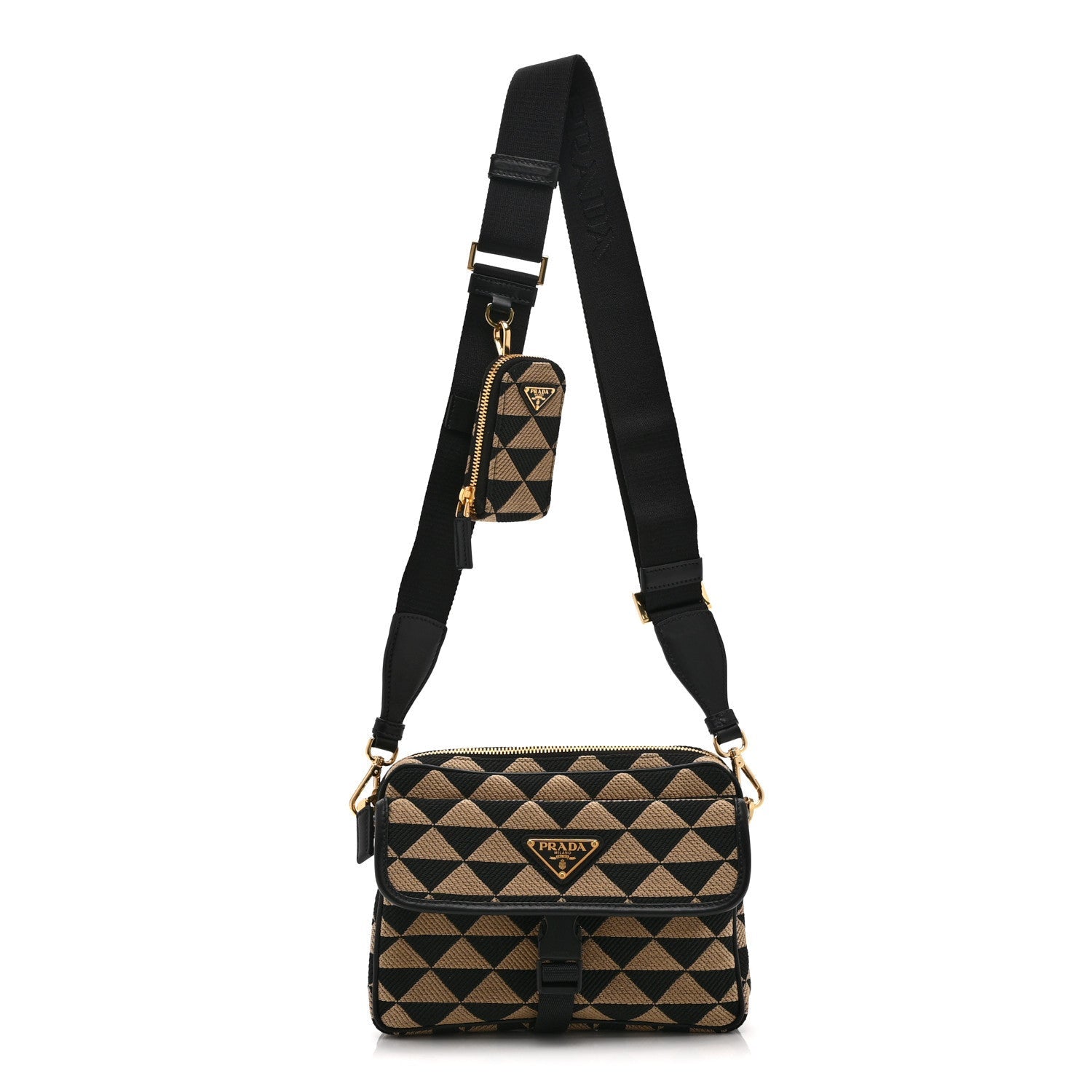 Jacquard Saffiano Triangolo Symbole Embroidered Pocket Single Snap Buckle Messenger Flap Bag  Black Corda