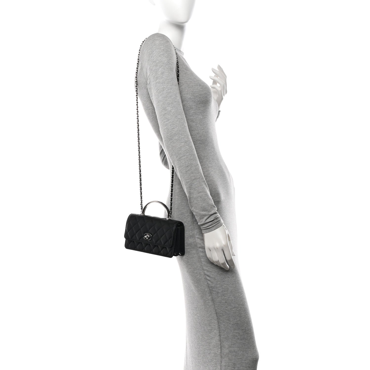 Lambskin Quilted Metal Top Handle Crossbody Flap Black