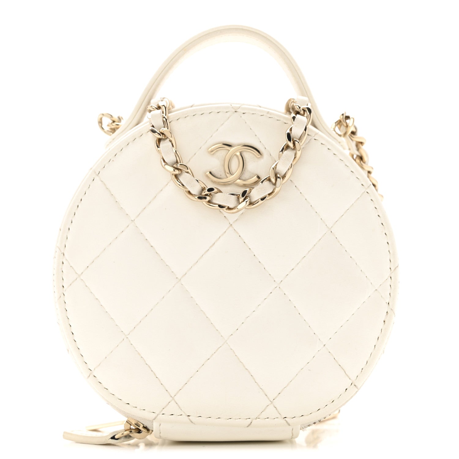Lambskin Quilted Round Handle With Care Vanity With Chain White