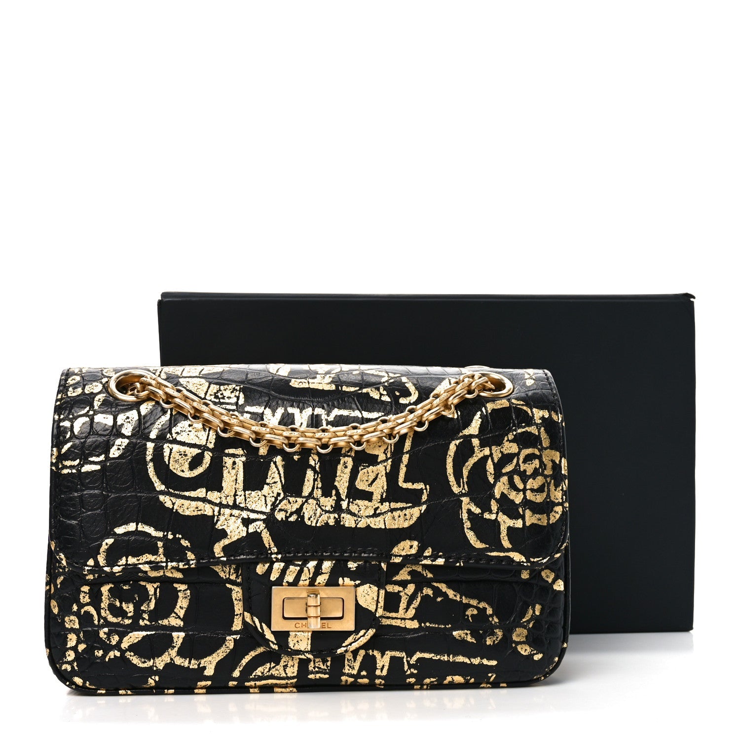 Calfskin Crocodile Embossed Graffiti 2.55 Mini Cocodile Reissue Flap Black Gold