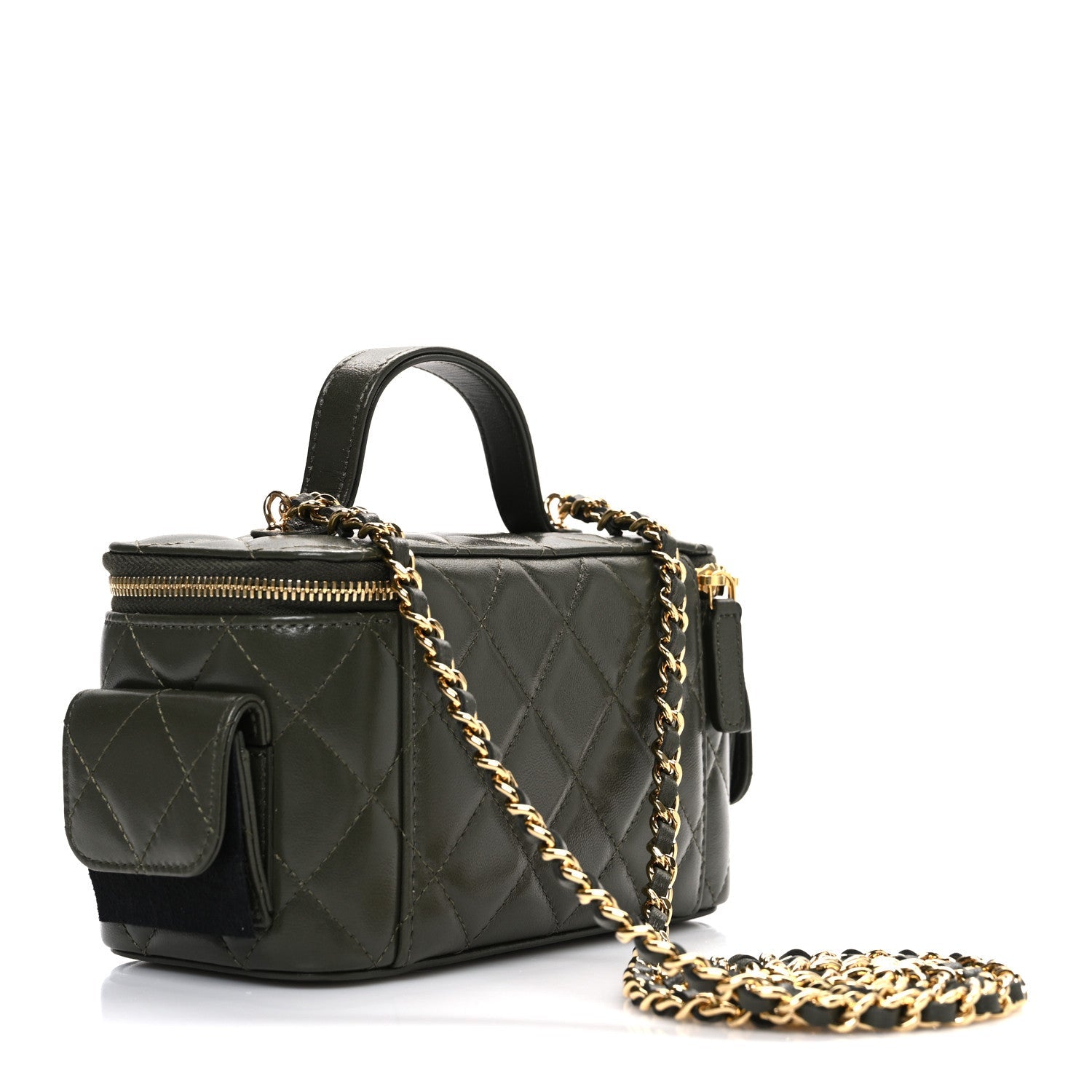 Lambskin Quilted Polly Pocket East West Top Vanity With Chain Khaki