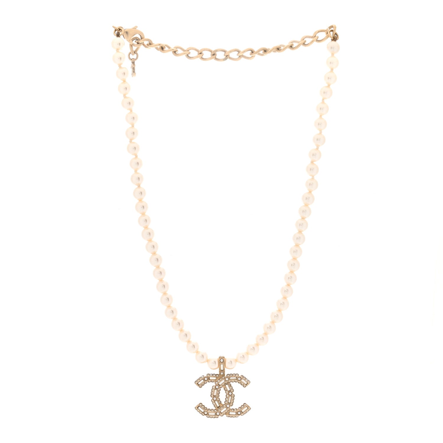 Pearl Crystal Baguette CC Short Necklace Gold