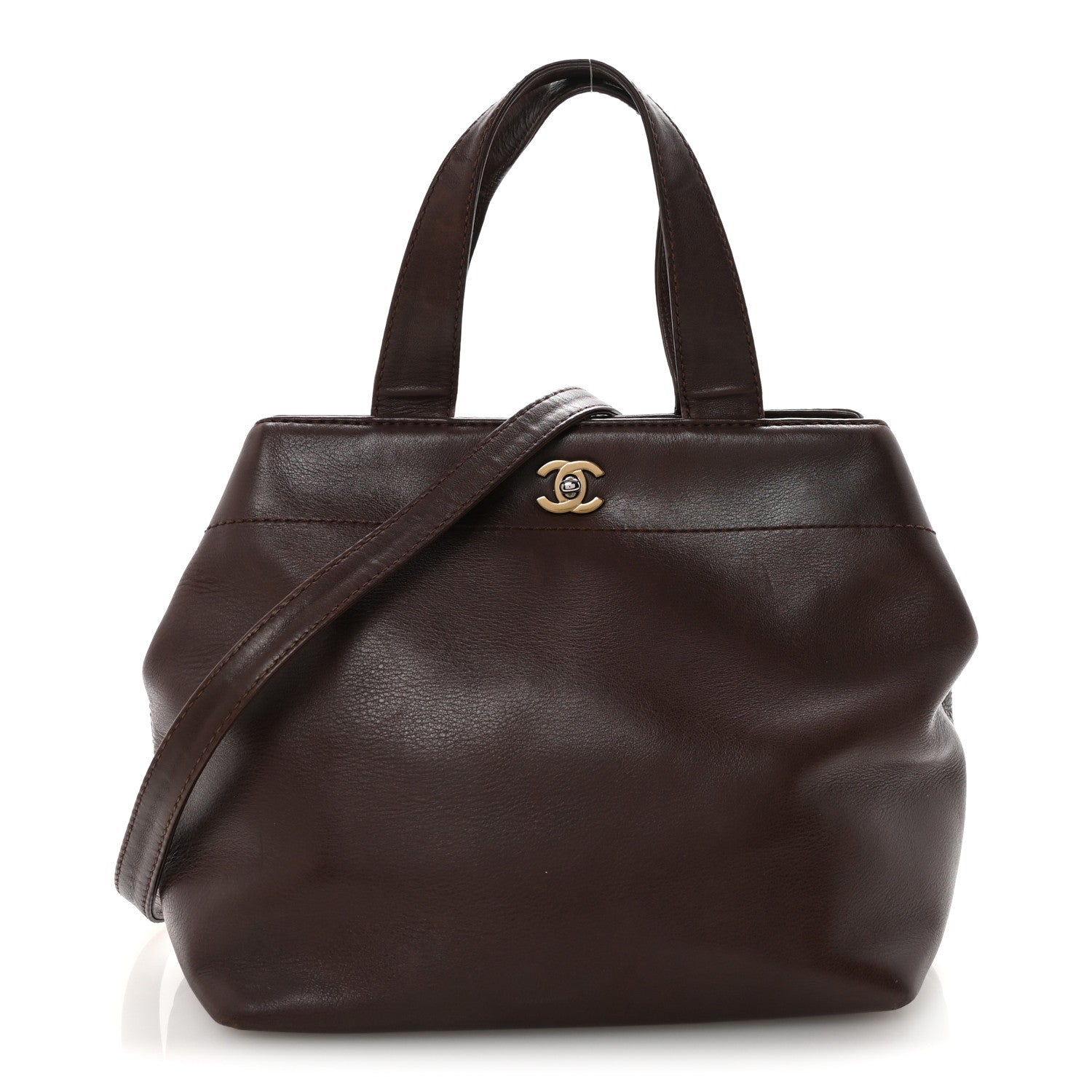 Calfskin Turnlock Shopper Tote Brown
