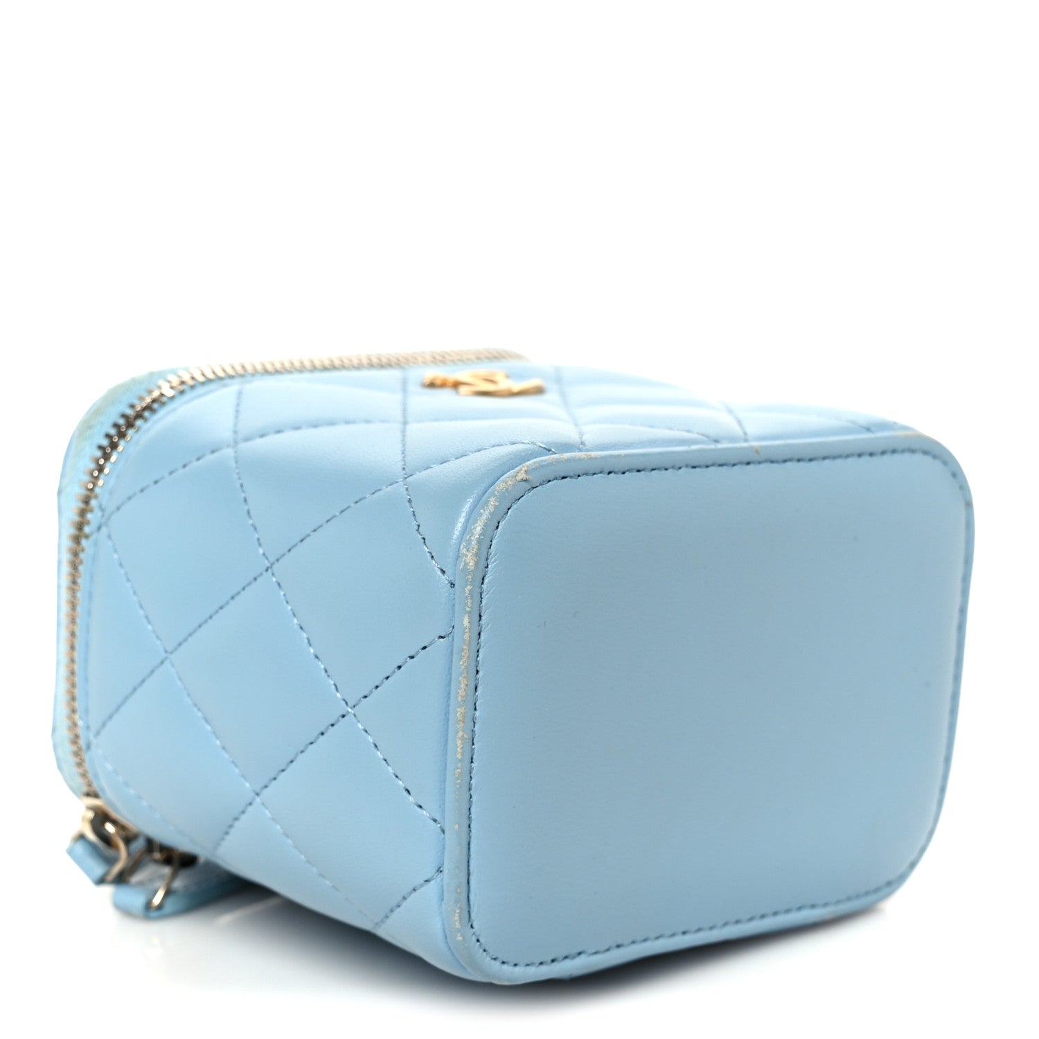 Lambskin Quilted Pearl Crush Mini Vanity Case With Chain Light Blue