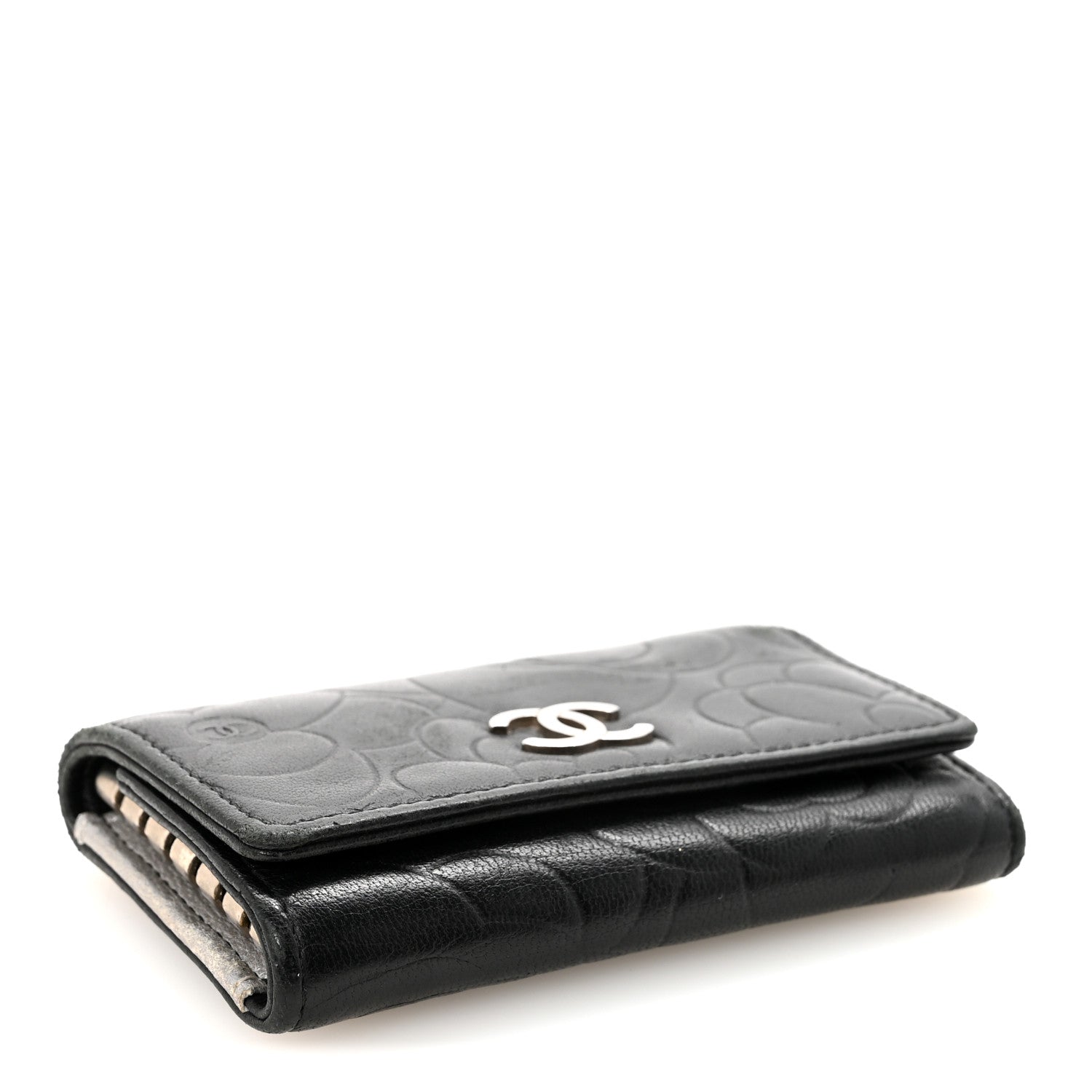 Lambskin Camellia Embossed 6 Key Holder Black