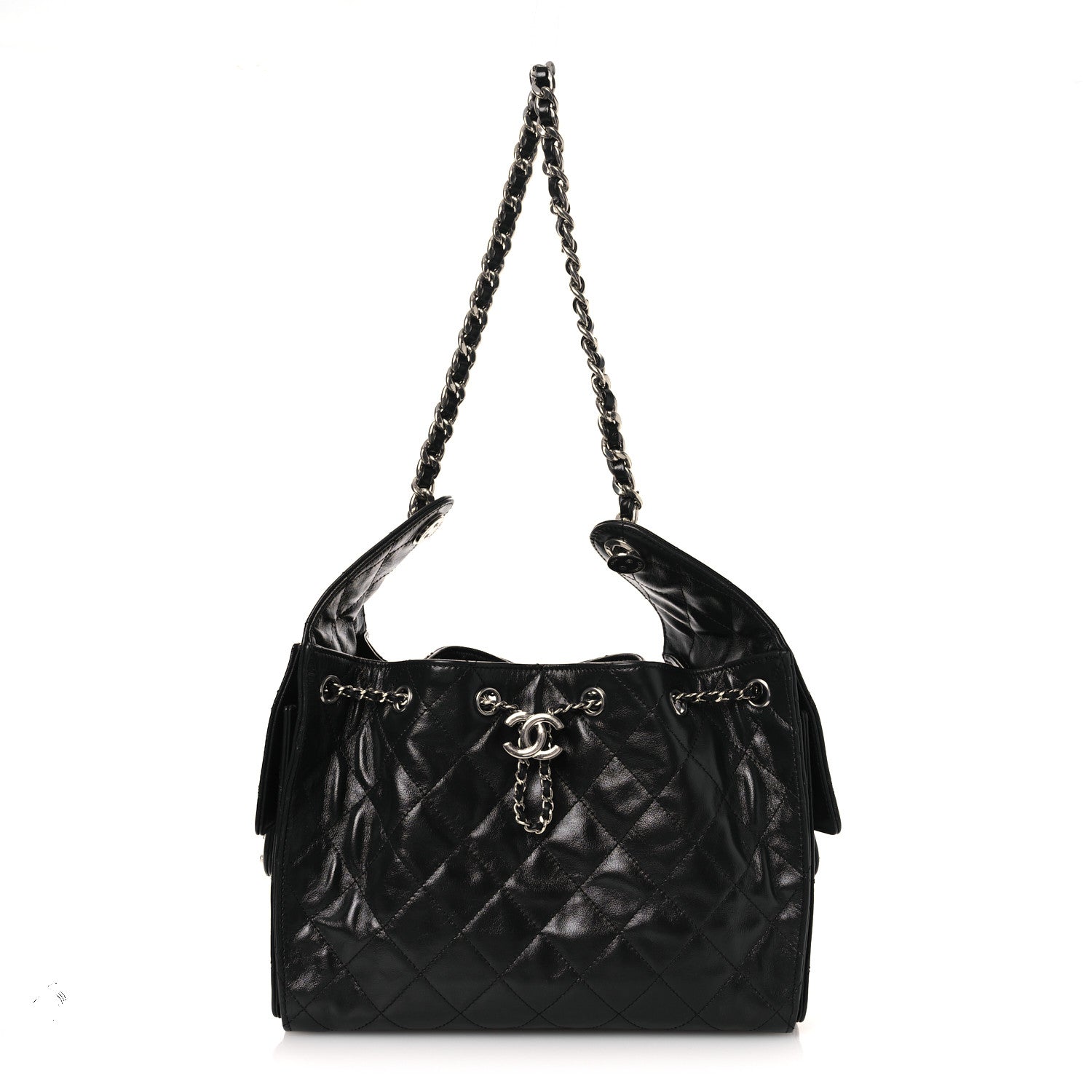 Shiny Crumpled Calfskin Quilted Small Chanel 25 Handbag Black