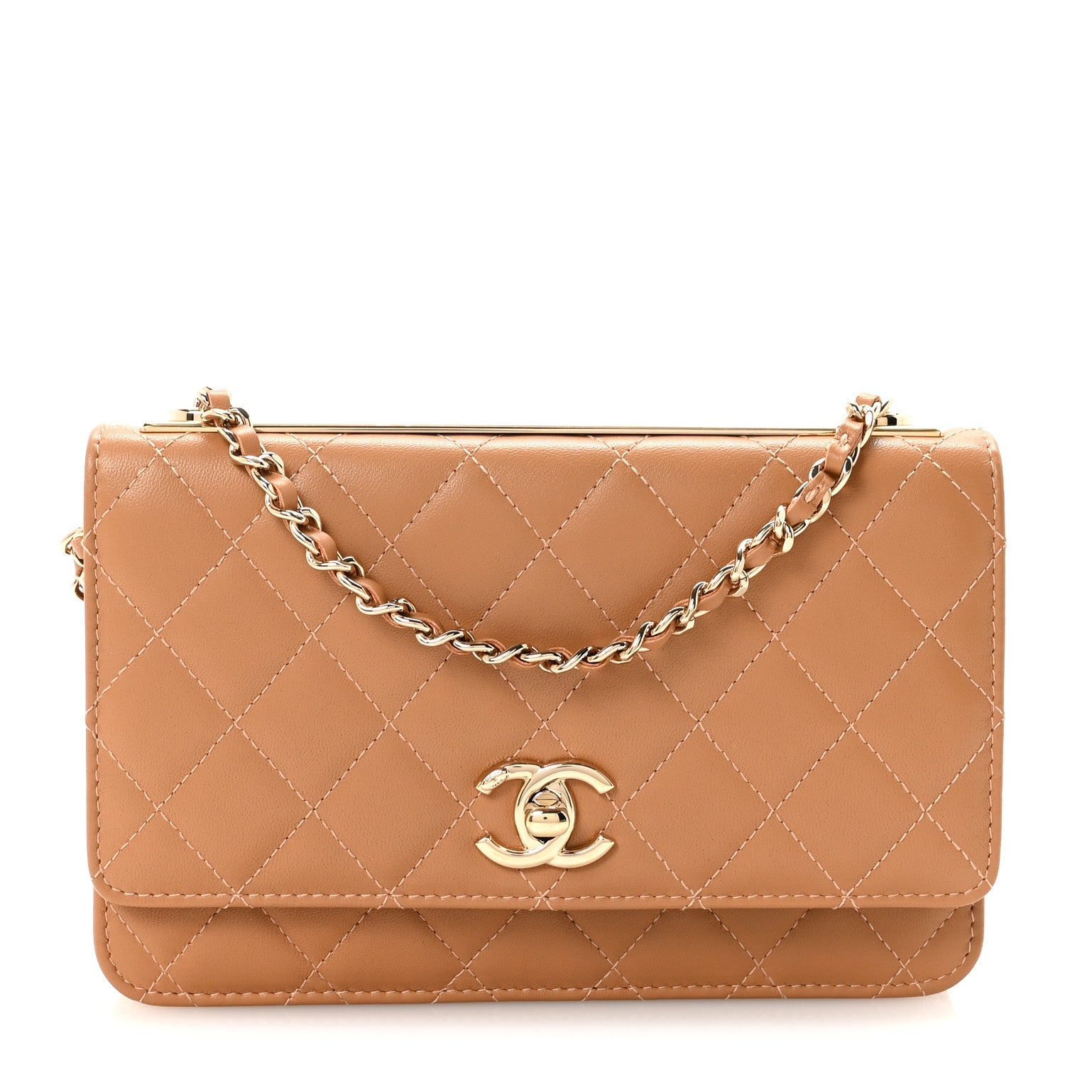 Lambskin Quilted Trendy CC Wallet On Chain WOC Camel